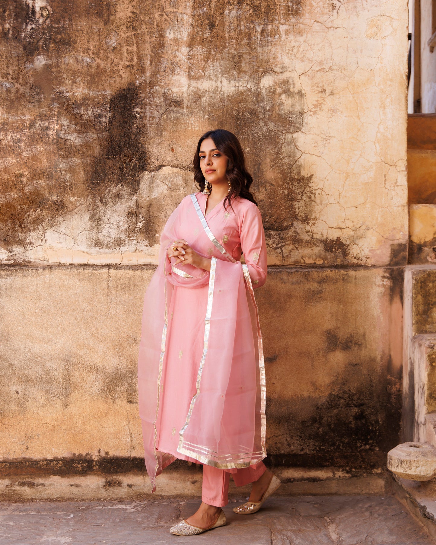 Pink Aari Embroidery Uppada Silk Kurta & Organza Dupatta Set