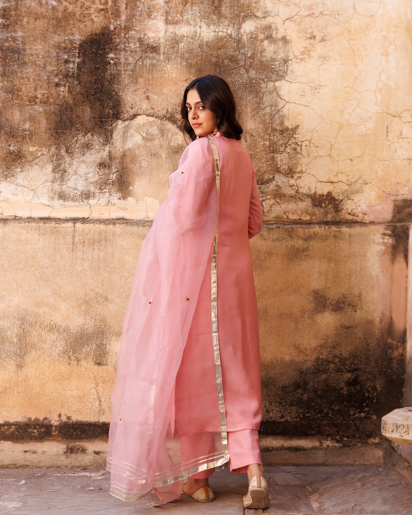 Pink Aari Embroidery Uppada Silk Kurta & Organza Dupatta Set