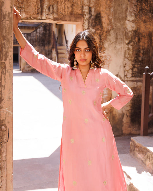 Pink Aari Embroidery Uppada Silk Kurta & Organza Dupatta Set