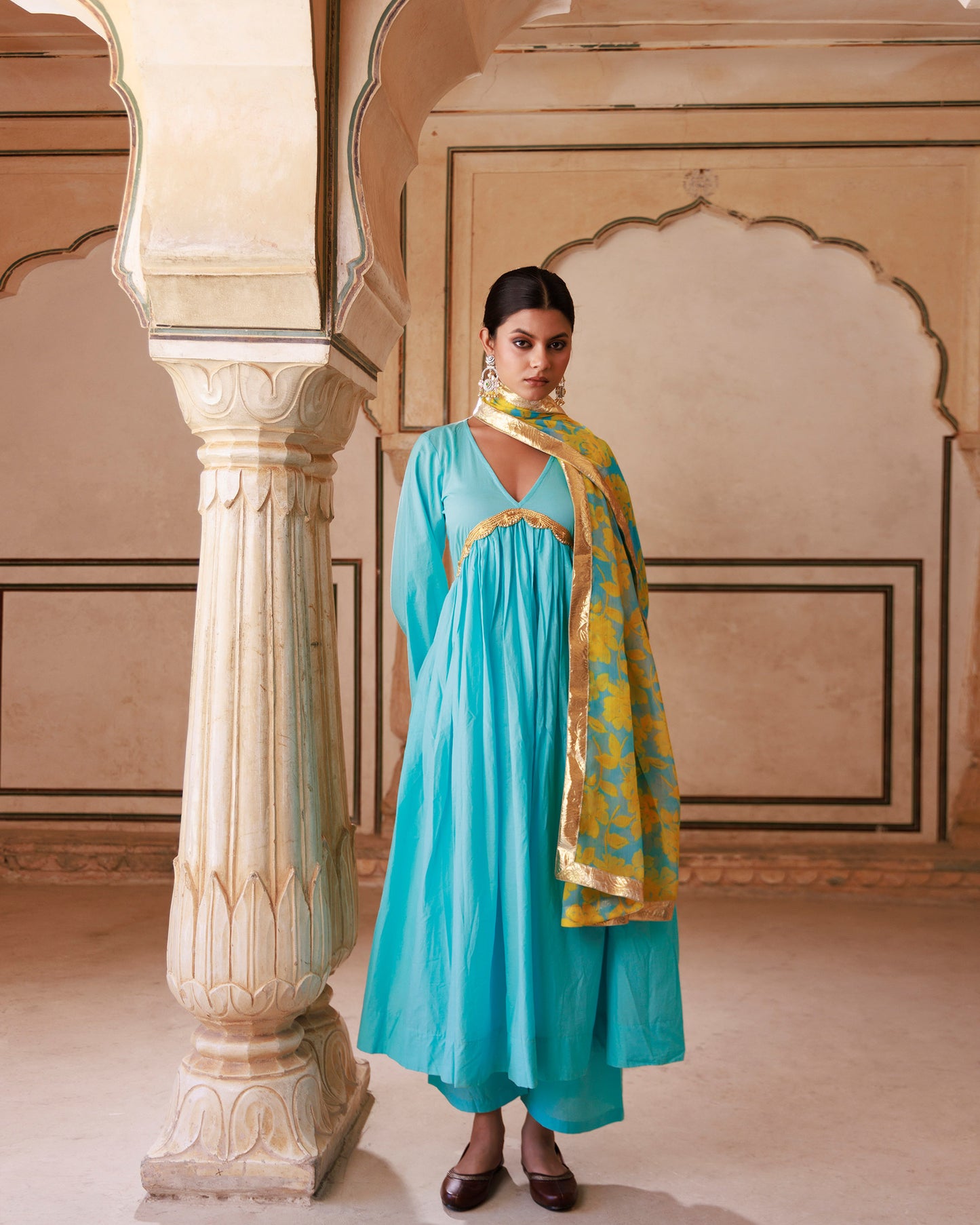 Blue Gota Lace Work Cotton Anarkali & Printed Chiffon Dupatta