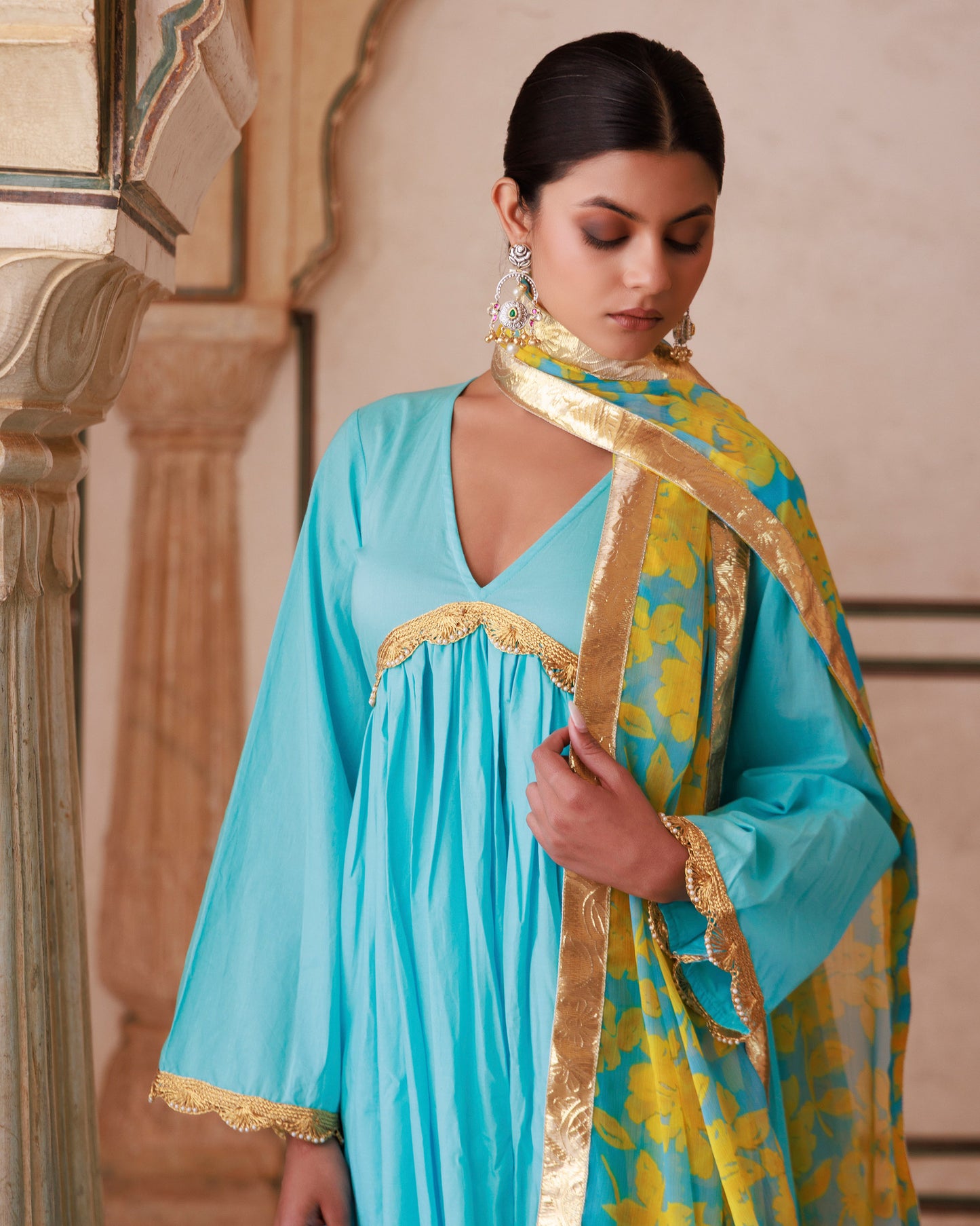 Blue Gota Lace Work Cotton Anarkali & Printed Chiffon Dupatta