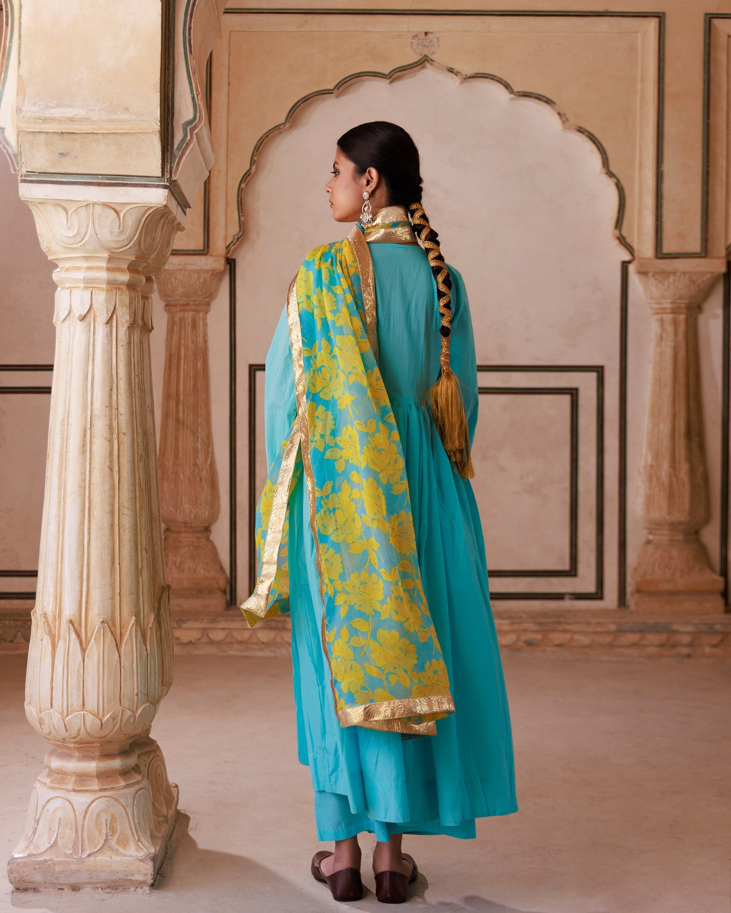 Blue Gota Lace Work Cotton Anarkali & Printed Chiffon Dupatta