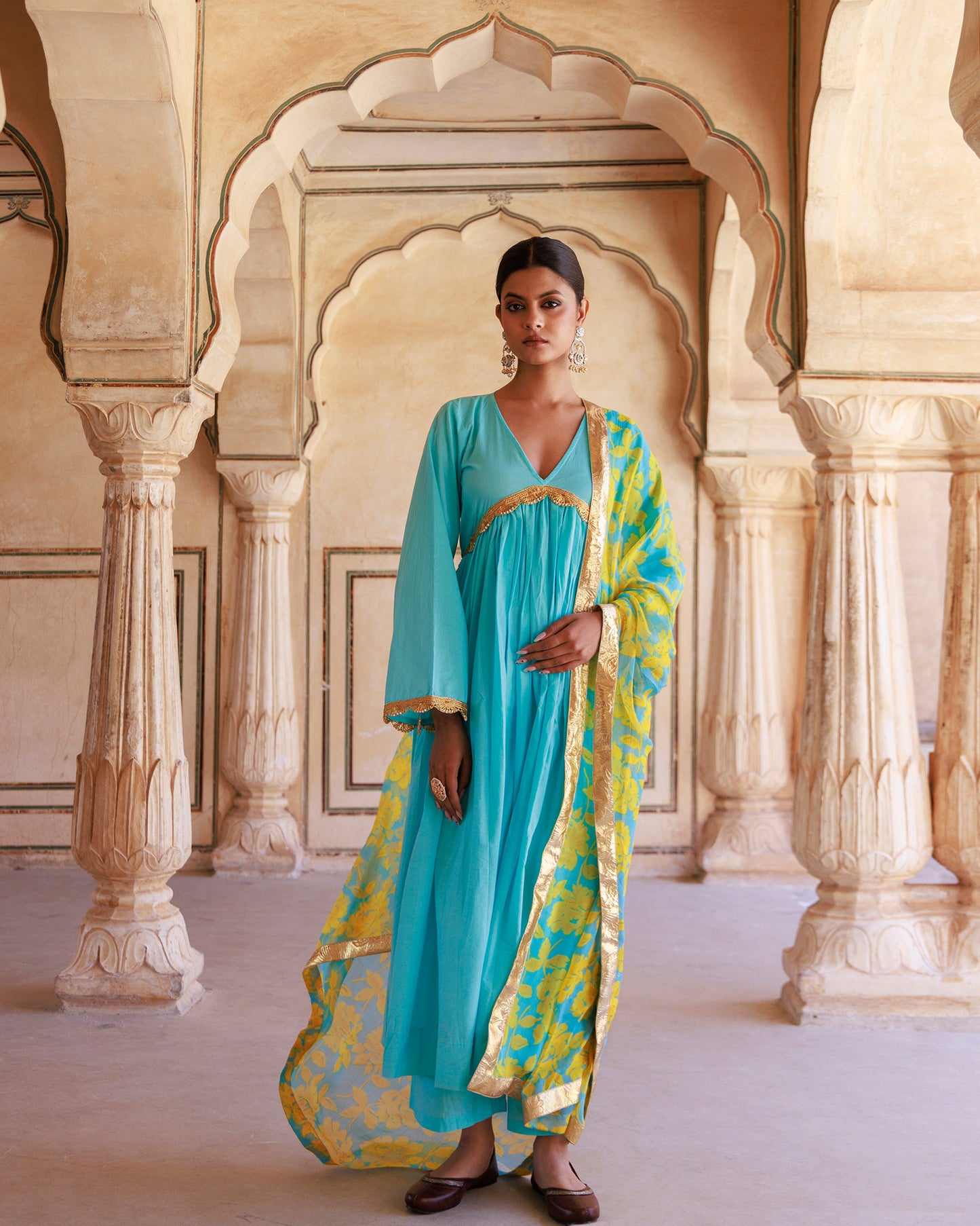 Blue Gota Lace Work Cotton Anarkali & Printed Chiffon Dupatta