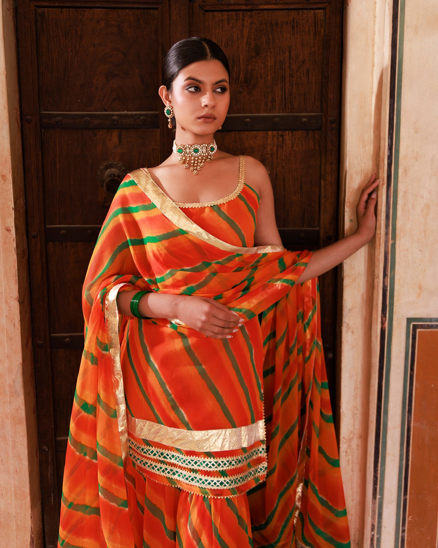 Orange Gota & Sequins Lace Work Kurta & Chiffon Dupatta Set