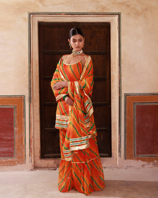 Orange Gota & Sequins Lace Work Kurta & Chiffon Dupatta Set