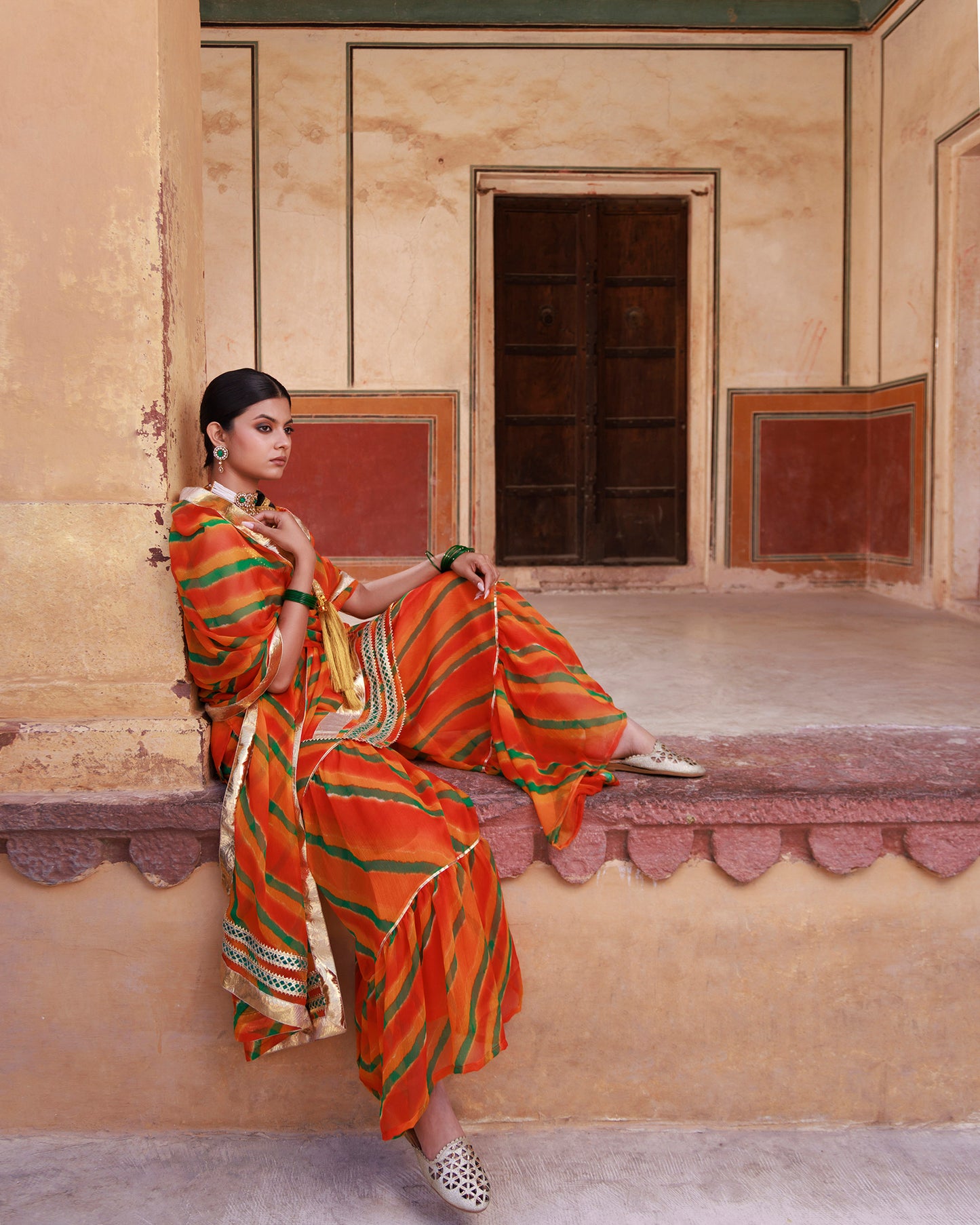 Orange Gota & Sequins Lace Work Kurta & Chiffon Dupatta Set