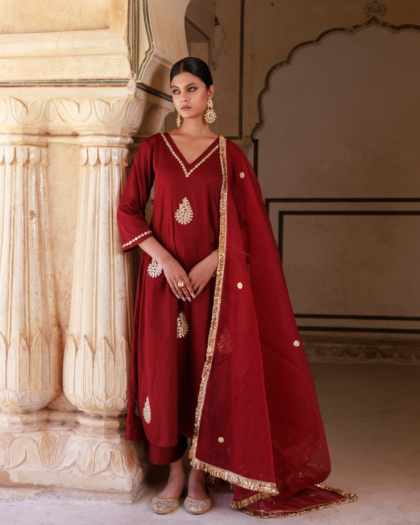 Maroon Gota Patti Applique Work Cotton Silk Anarkali & Organza Dupatta