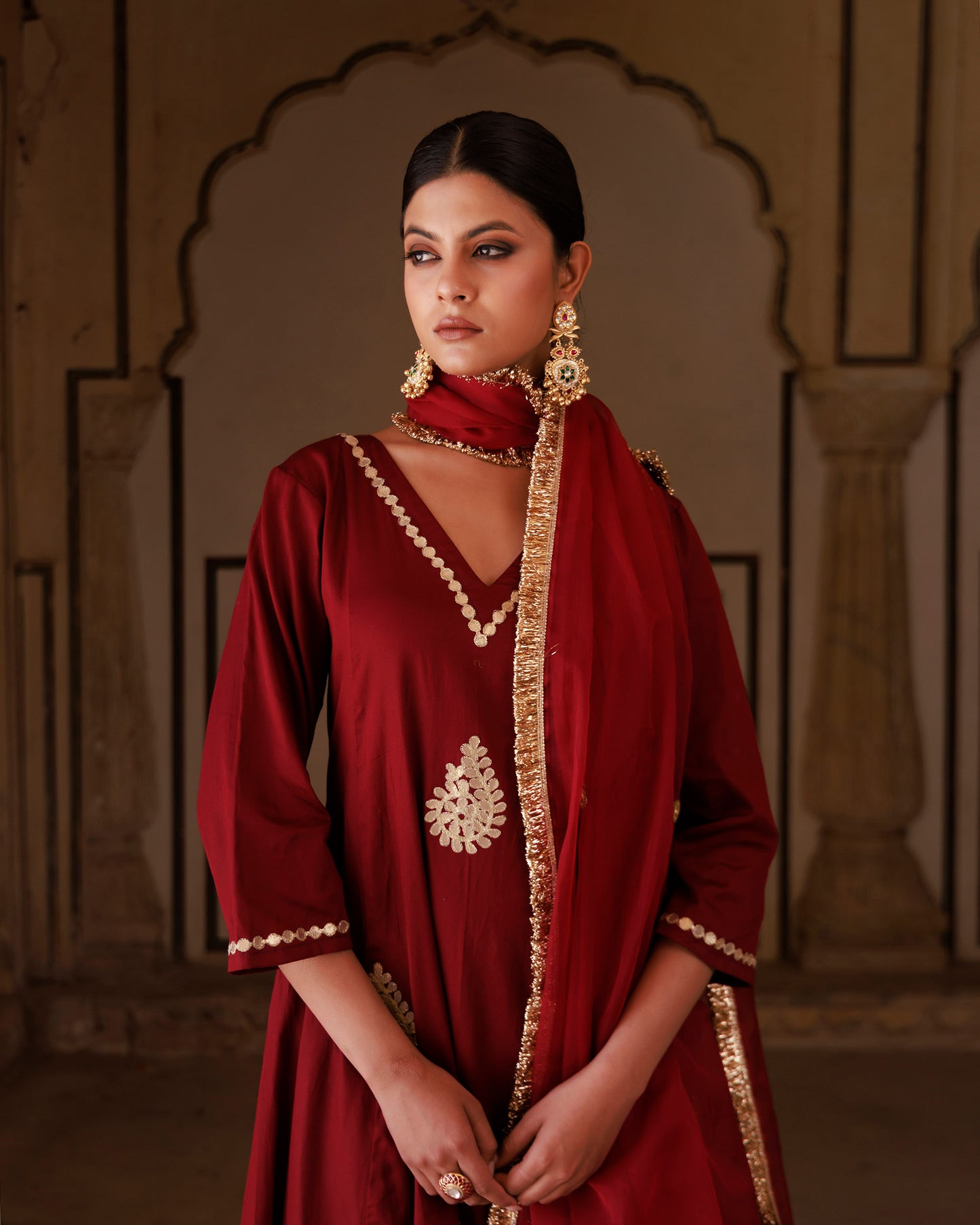 Maroon Gota Patti Applique Work Cotton Silk Anarkali & Organza Dupatta