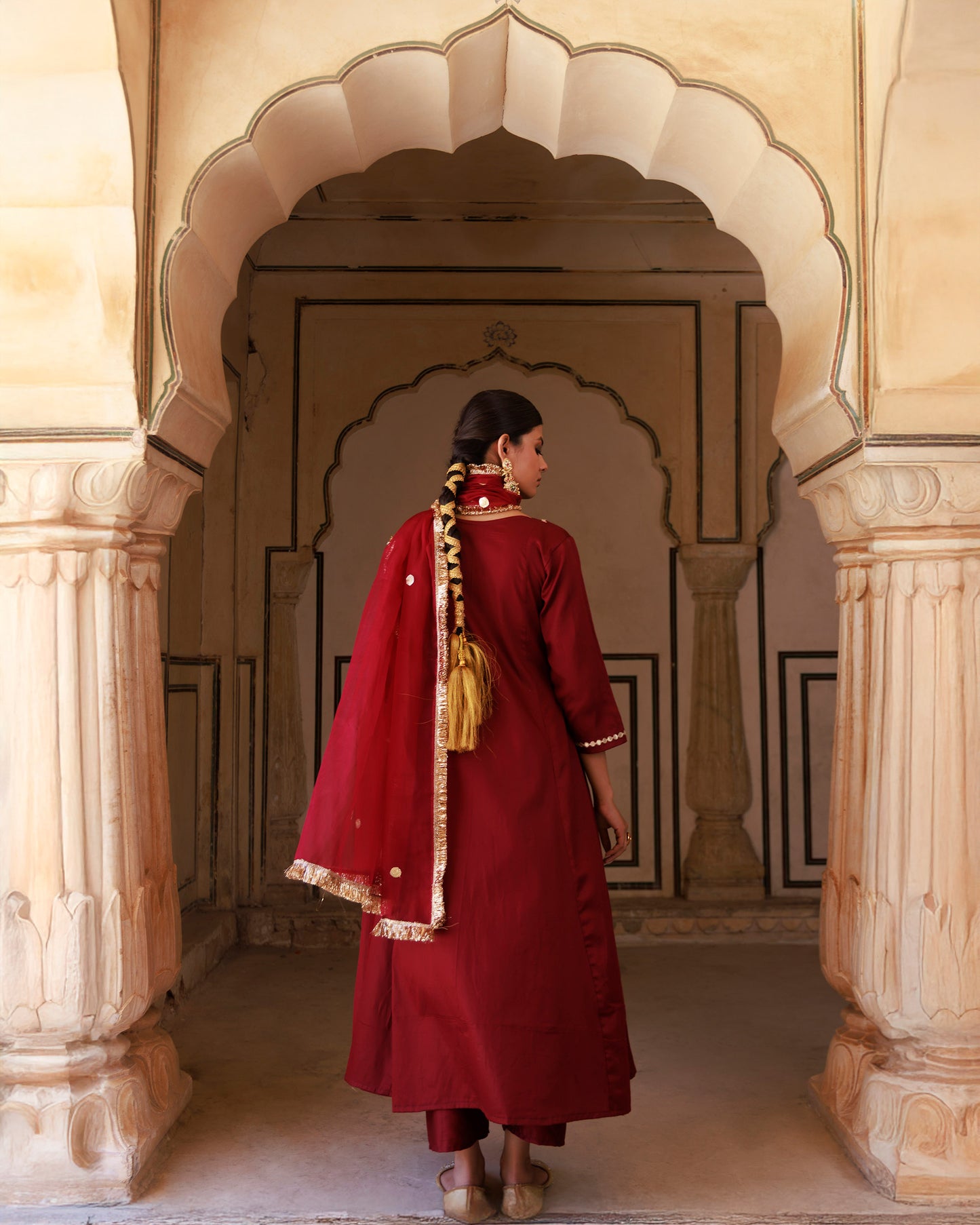 Maroon Gota Patti Applique Work Cotton Silk Anarkali & Organza Dupatta