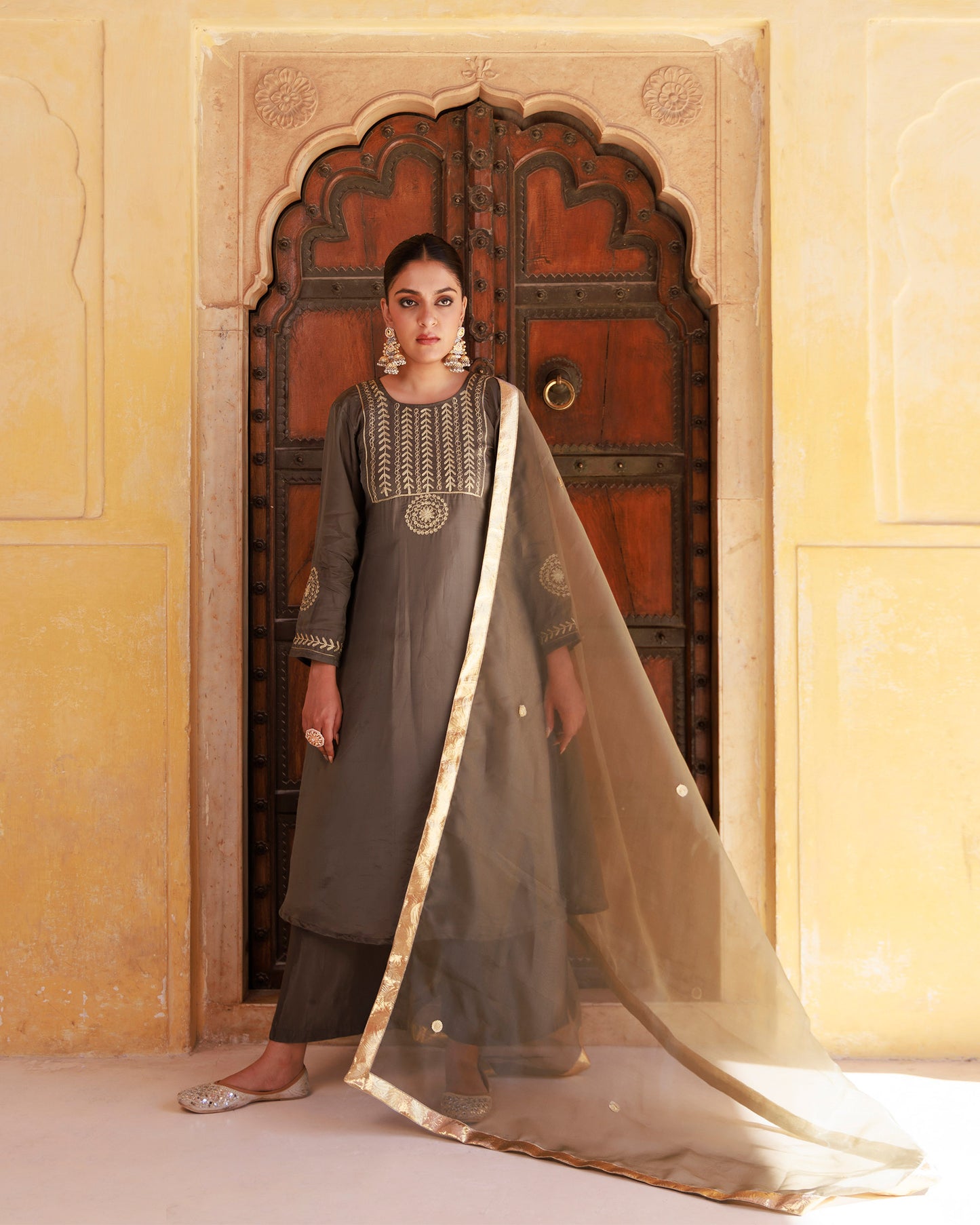 Green Aari Embroidery Uppada Silk Kurta & Organza Dupata Set