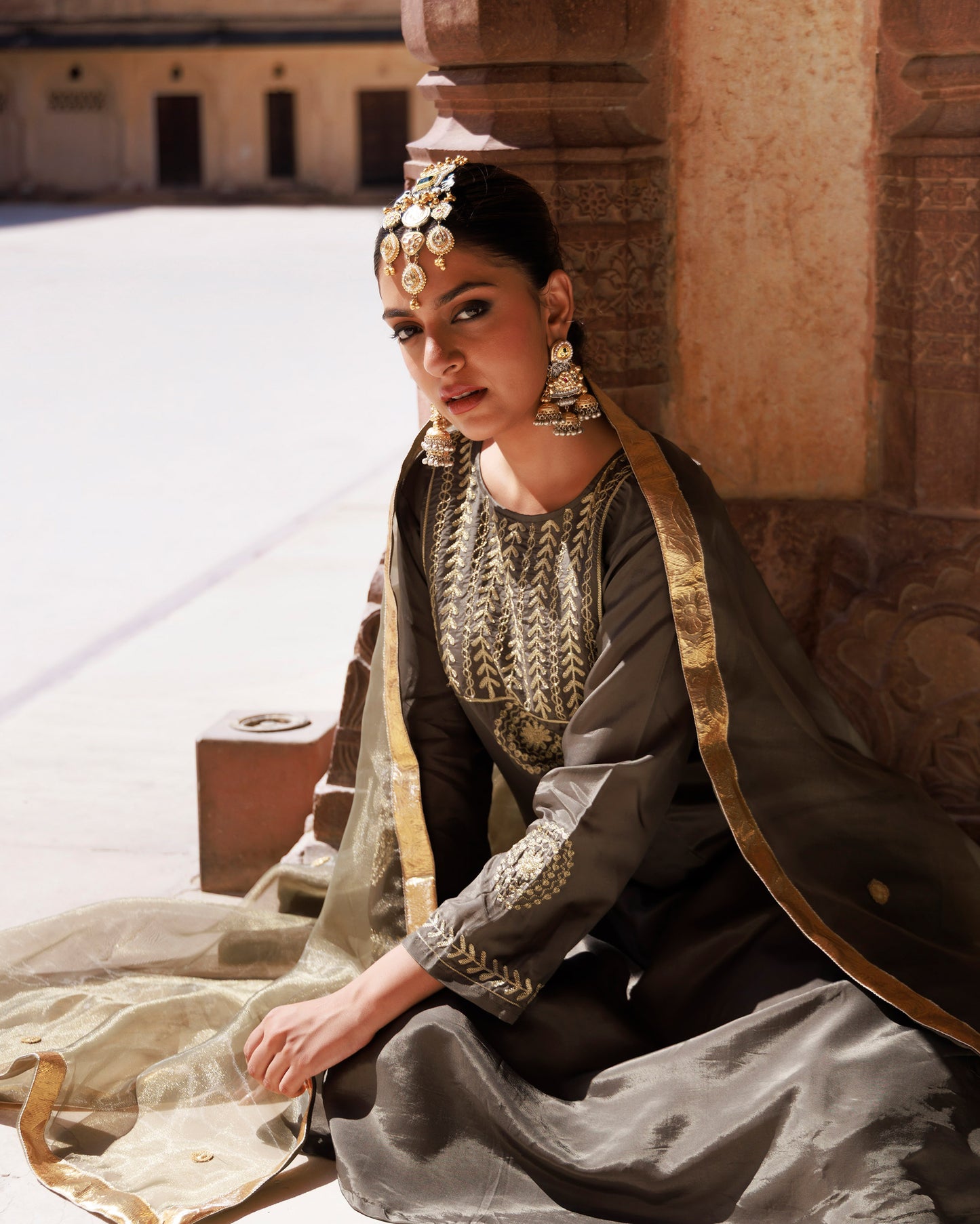 Green Aari Embroidery Uppada Silk Kurta & Organza Dupata Set