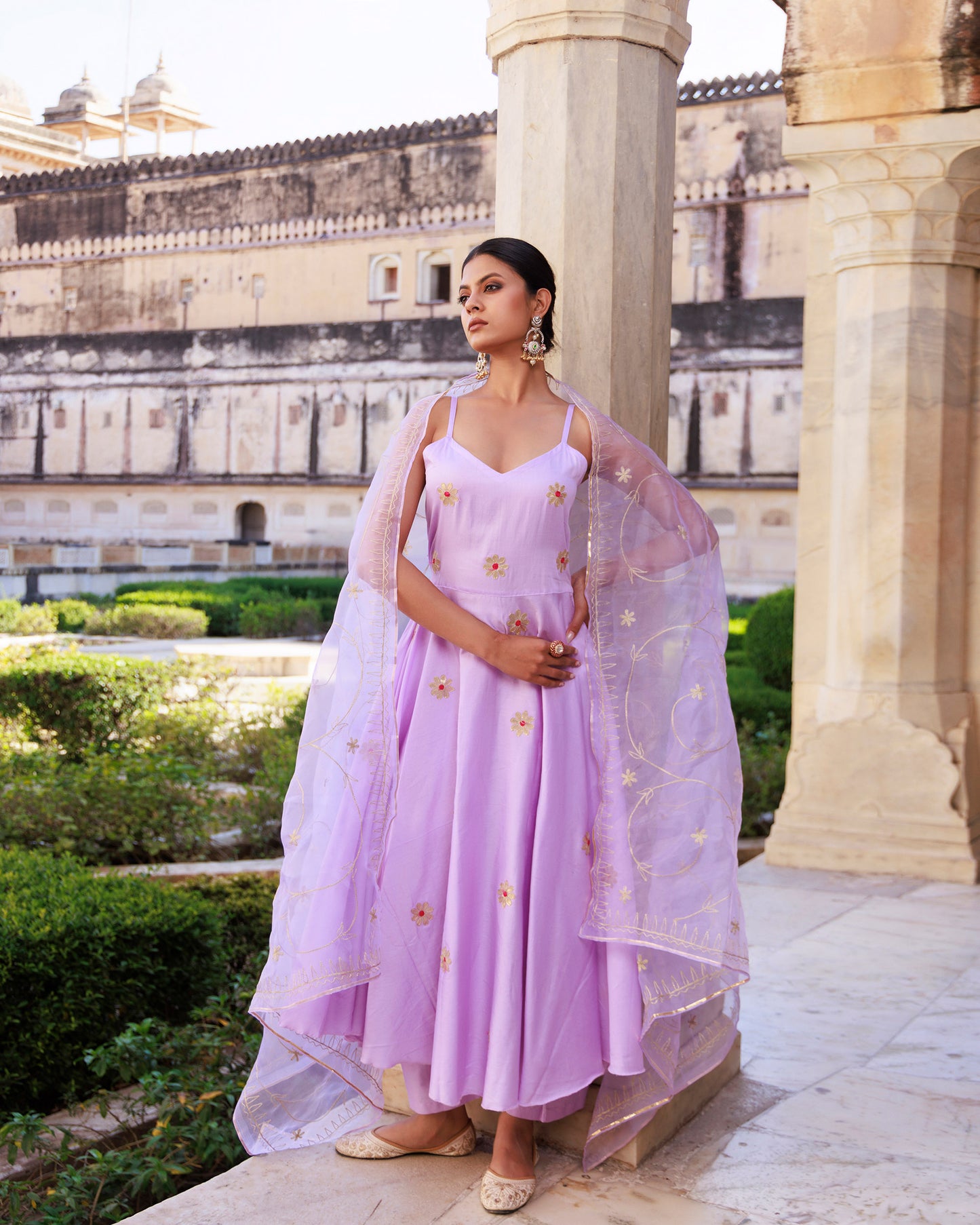 Lavender Gota Patti Applique Work Cotton Silk Strappy Anarkali & Organzxa Dupatta Set