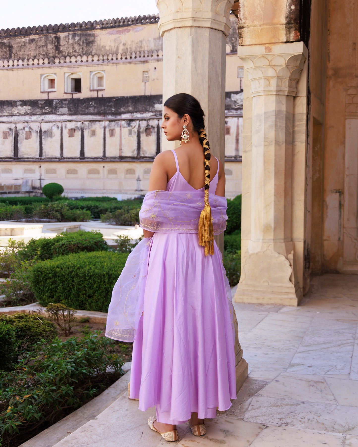 Lavender Gota Patti Applique Work Cotton Silk Strappy Anarkali & Organzxa Dupatta Set