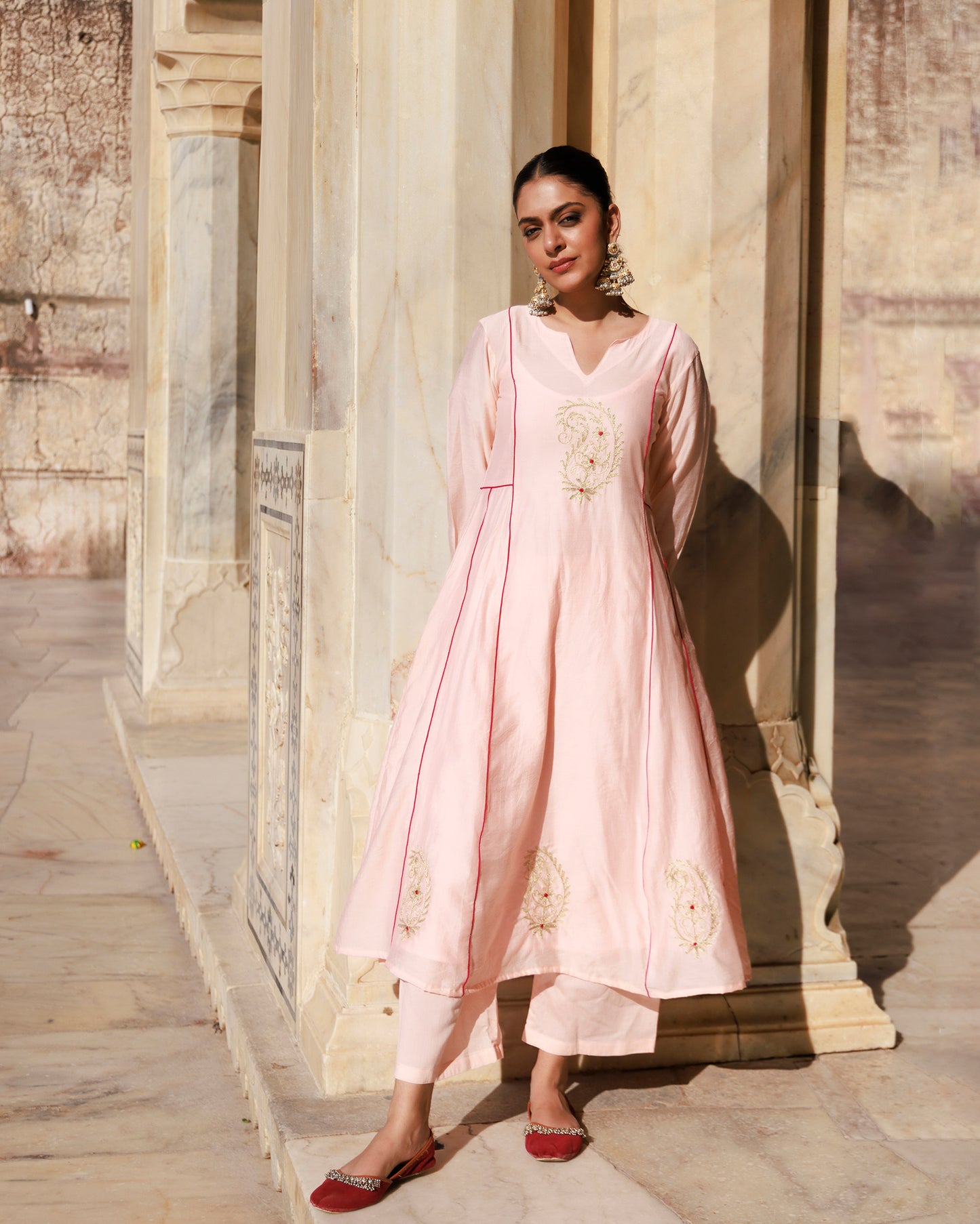 Peach Aari Embroidery Chanderi Kurta & Dupatta Set