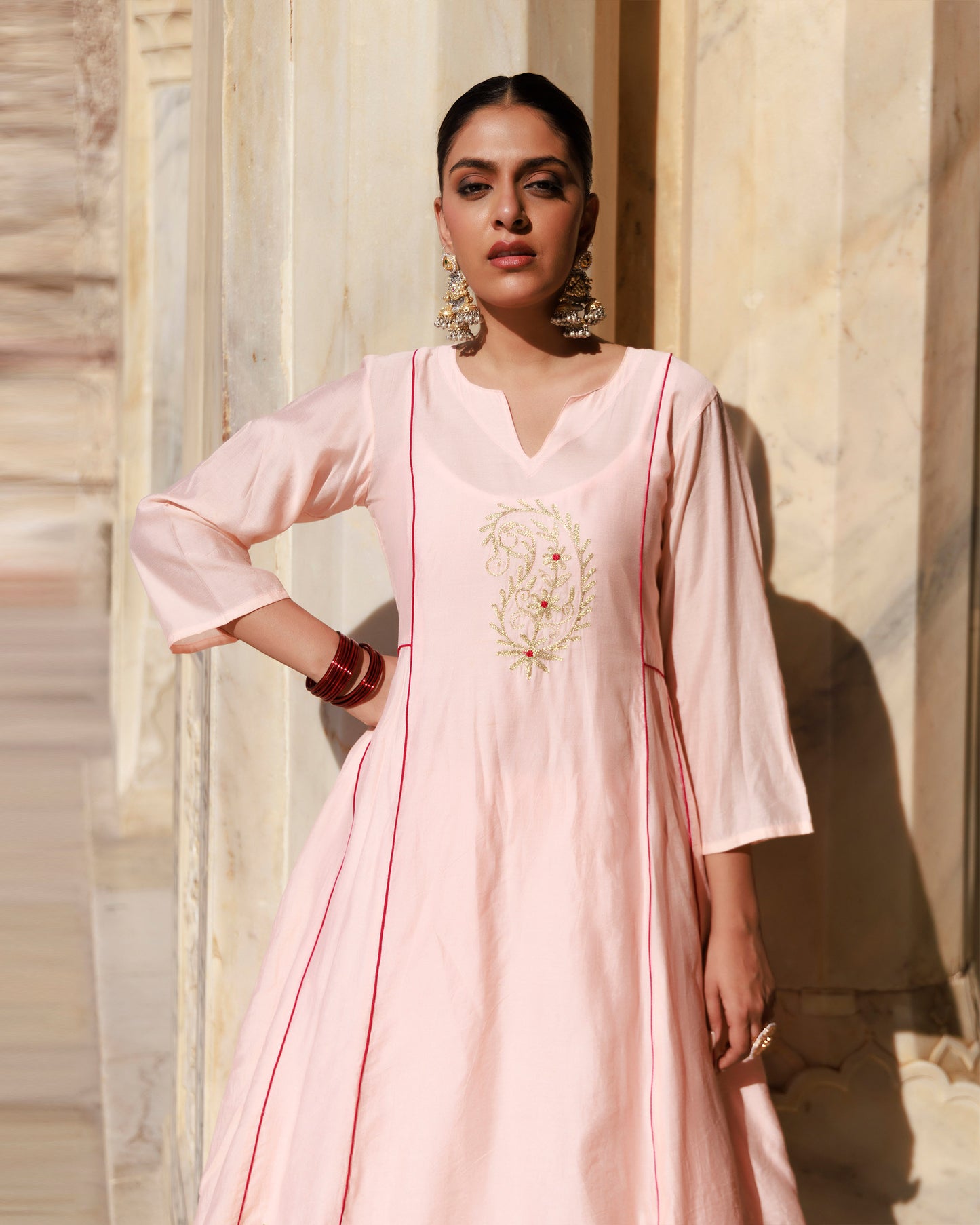 Peach Aari Embroidery Chanderi Kurta & Dupatta Set