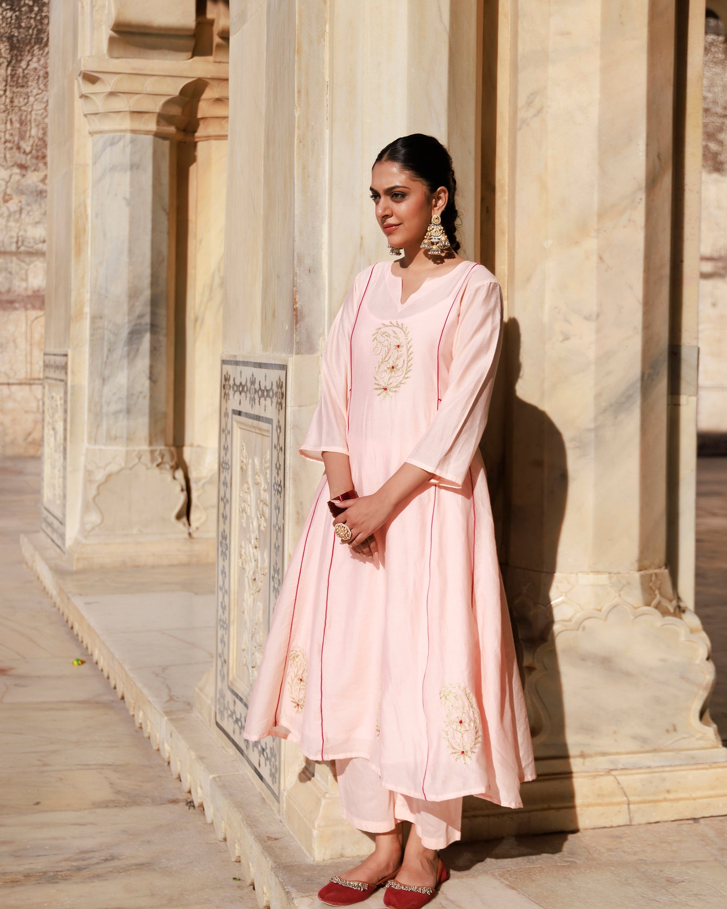 Peach Aari Embroidery Chanderi Kurta & Dupatta Set