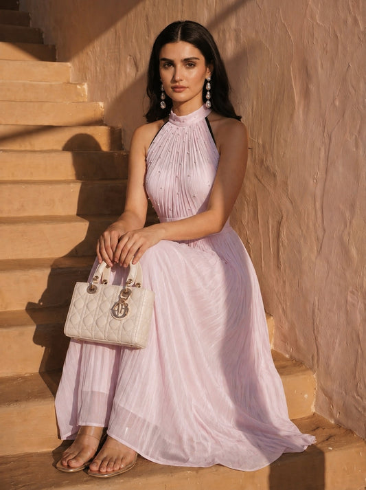 Baby Pink Chinon Pearl Hand Work Party Wear Pleated Maxi Gown