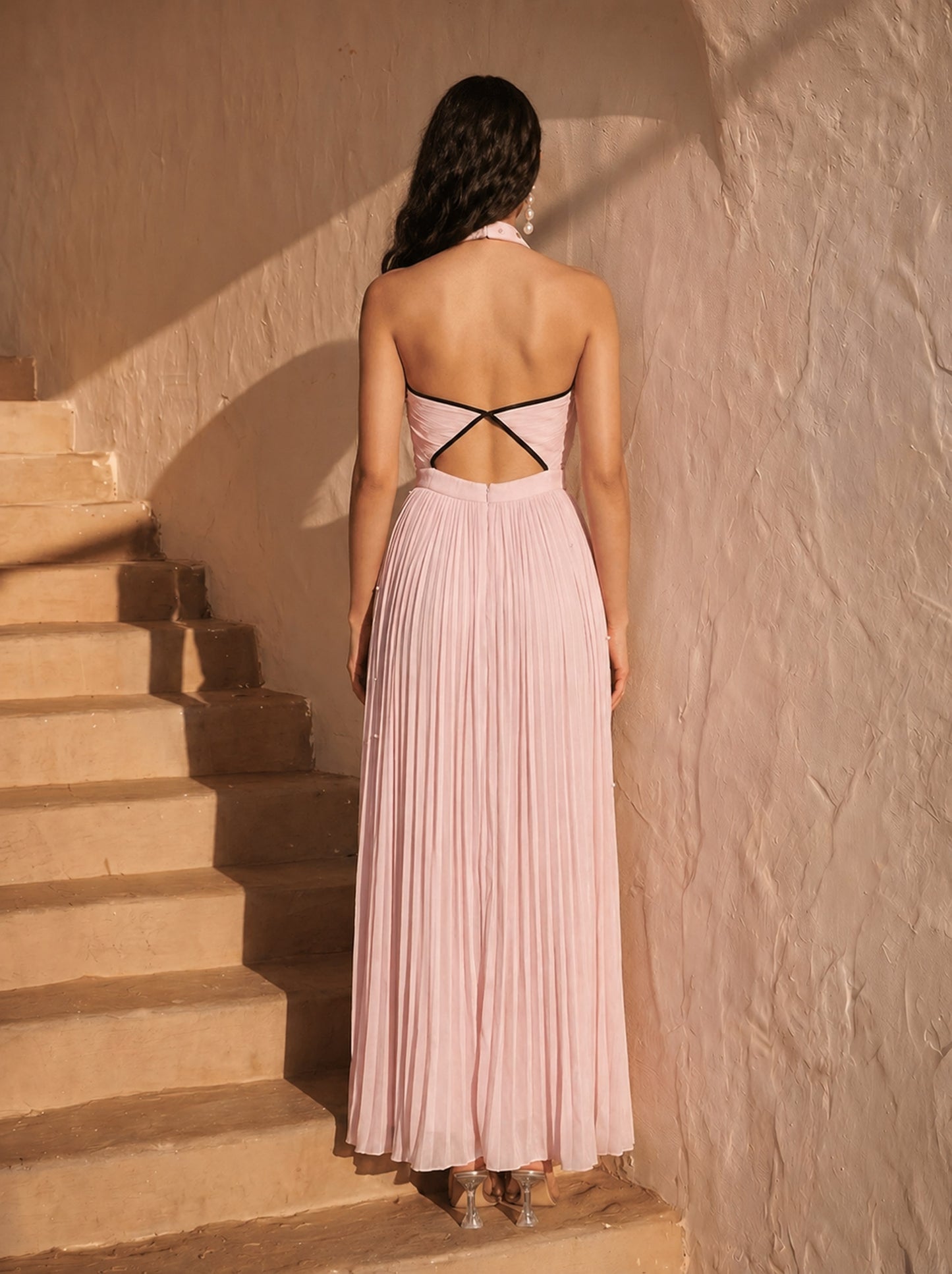 Baby Pink Chinon Pearl Hand Work Party Wear Pleated Maxi Gown