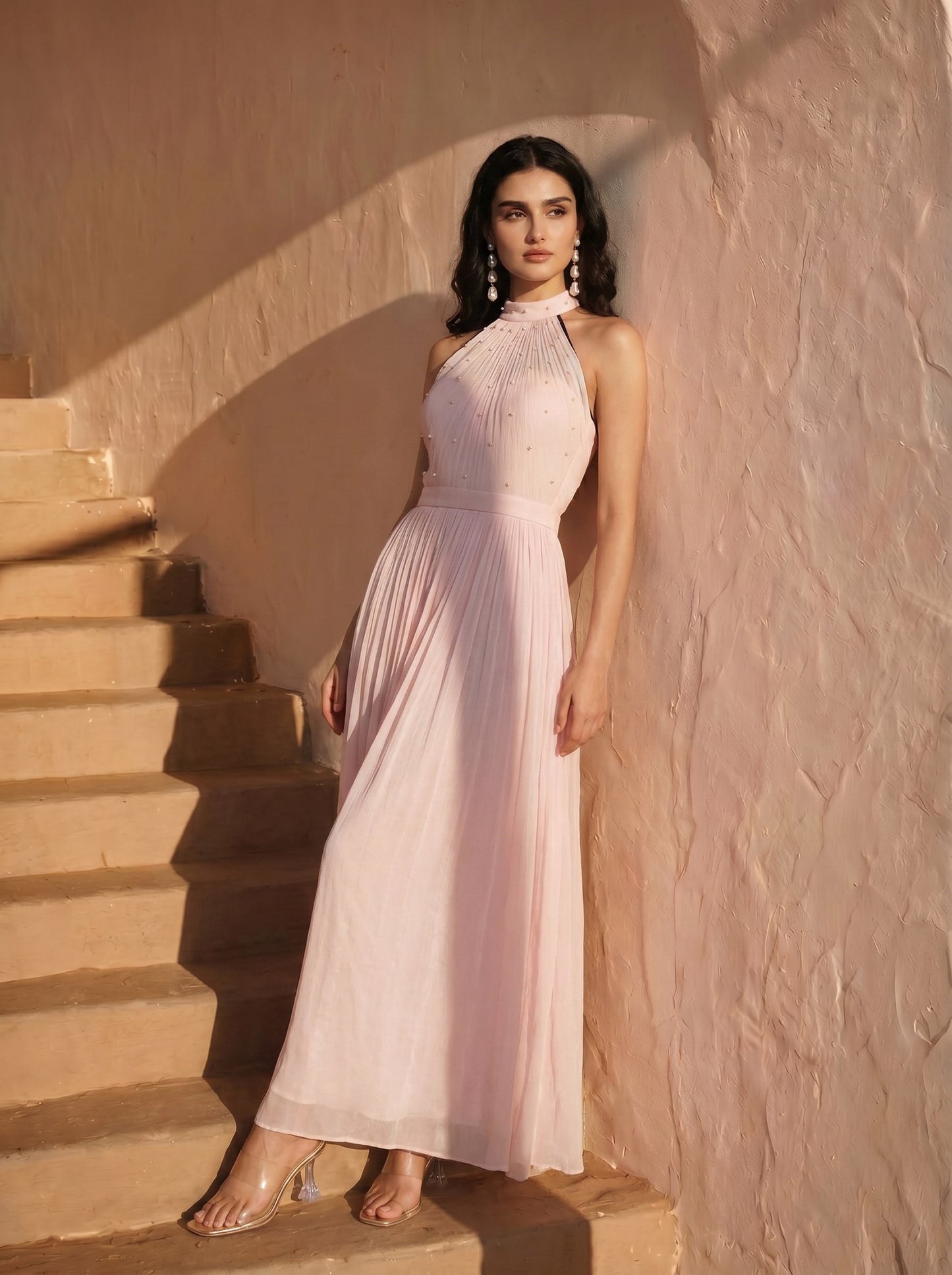 Baby Pink Chinon Pearl Hand Work Party Wear Pleated Maxi Gown