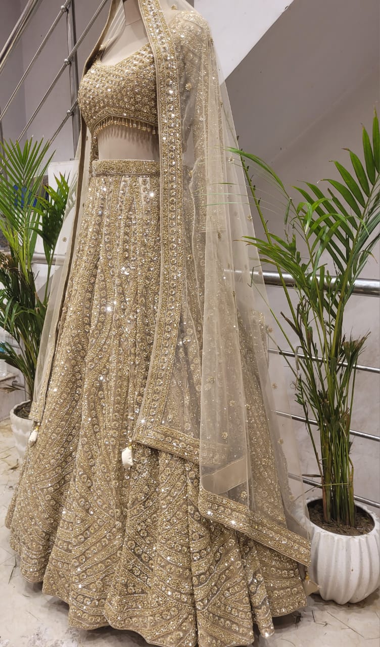 Beige Net Sequins & Thread Embroidered Bridal Lehenga Set