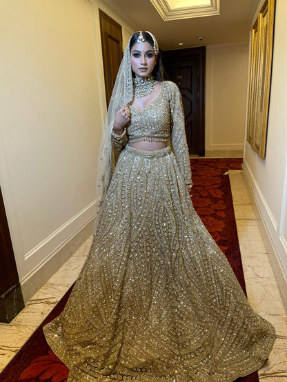 Beige Net Sequins & Thread Embroidered Bridal Lehenga Set