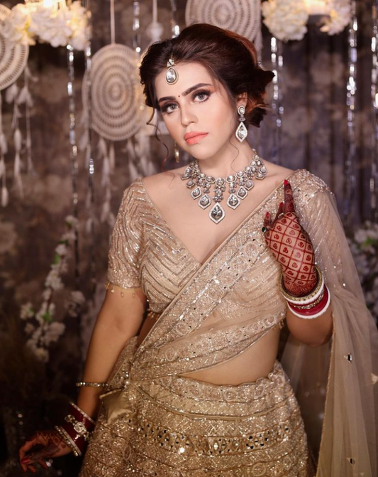 Beige Color Soft Net Sequins & Thread Work Bridal Lehenga