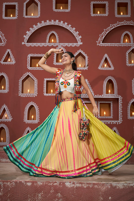 Multi Color Art Silk Resham & Mirror Work Navratri Lehenga