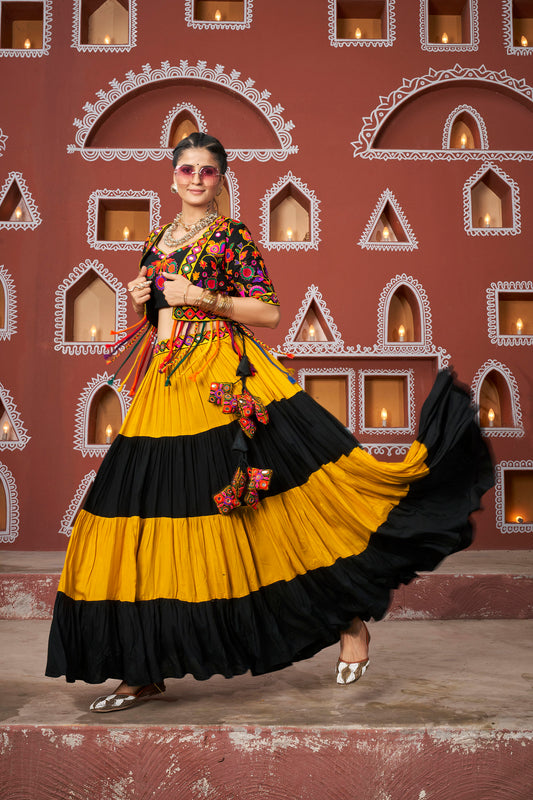 Yellow & Black Viscose Rayon Resham & Mirror Work Navratri Lehenga