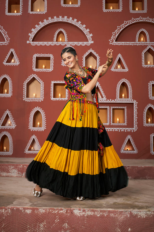 Yellow & Black Viscose Rayon Resham & Mirror Work Navratri Lehenga