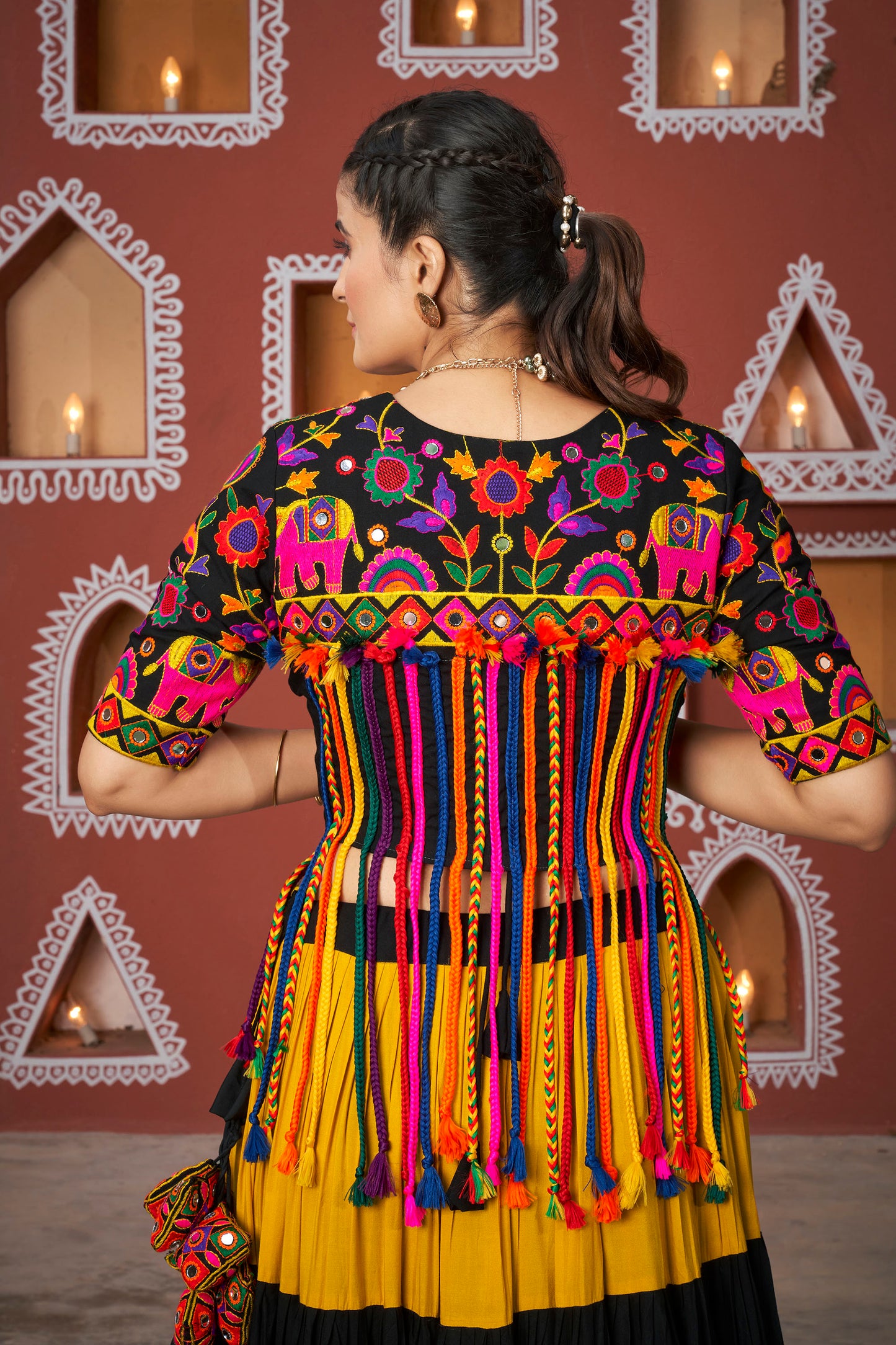 Yellow & Black Viscose Rayon Resham & Mirror Work Navratri Lehenga