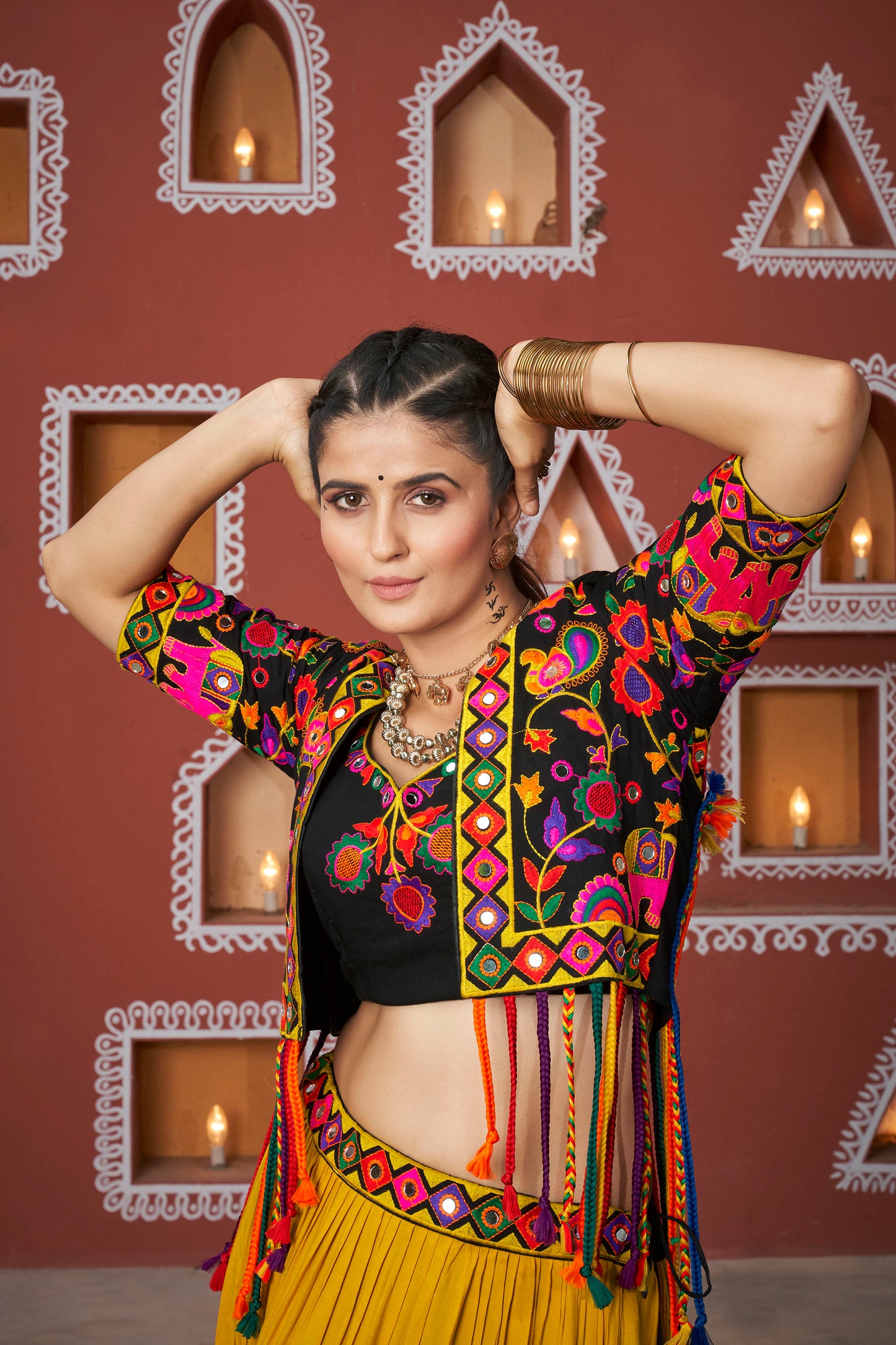 Yellow & Black Viscose Rayon Resham & Mirror Work Navratri Lehenga