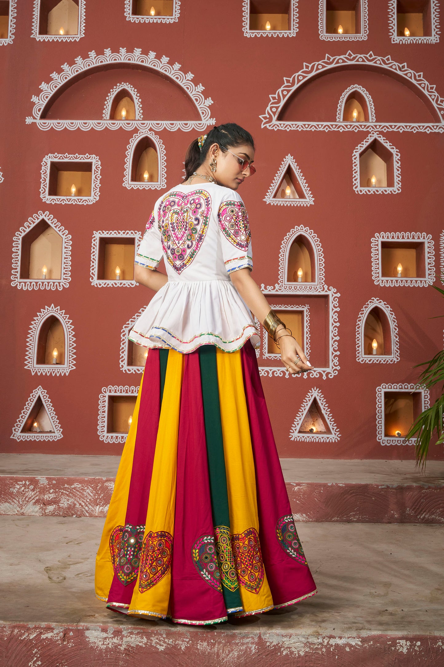 Multi Color Viscose Rayon Resham & Mirror Work Navratri Lehenga
