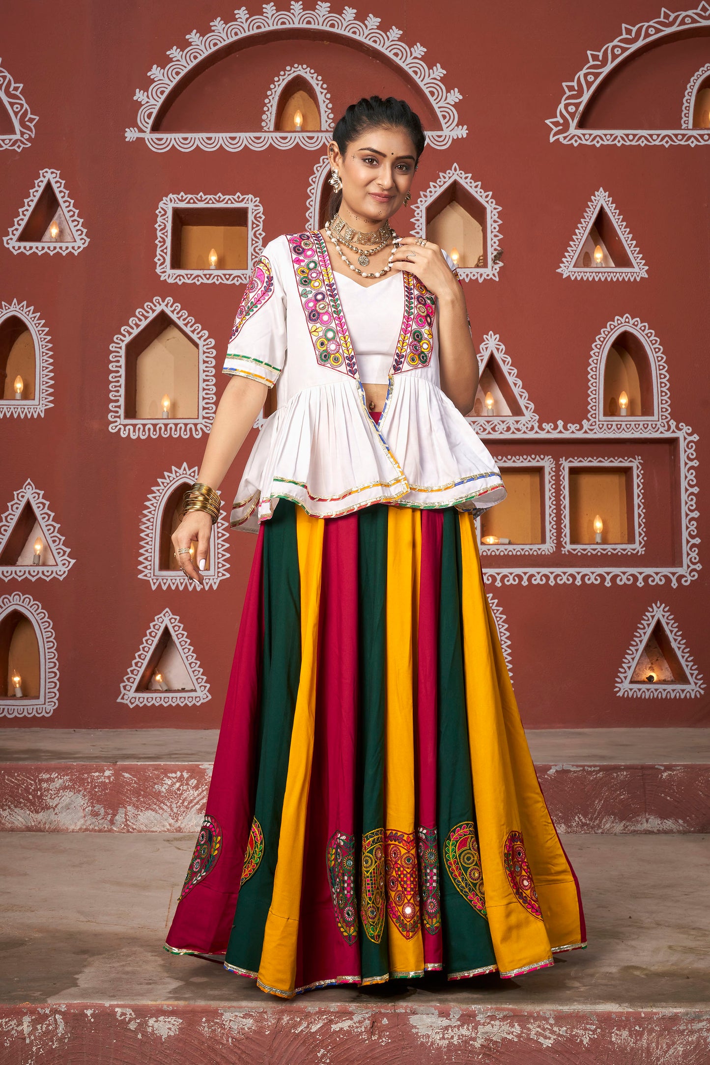 Multi Color Viscose Rayon Resham & Mirror Work Navratri Lehenga