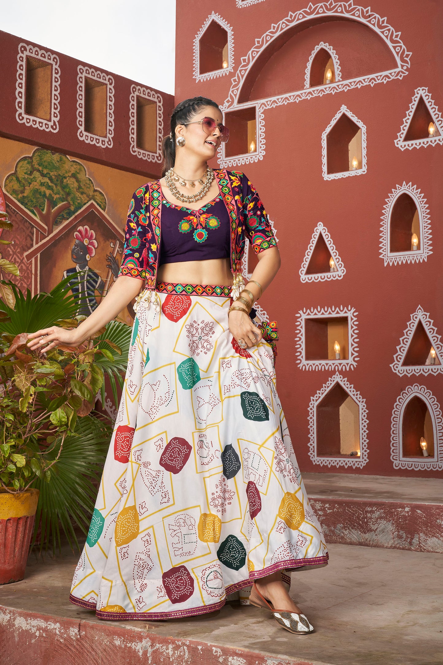 White Poly Maska Silk Resham & Mirror Work Navratri Lehenga