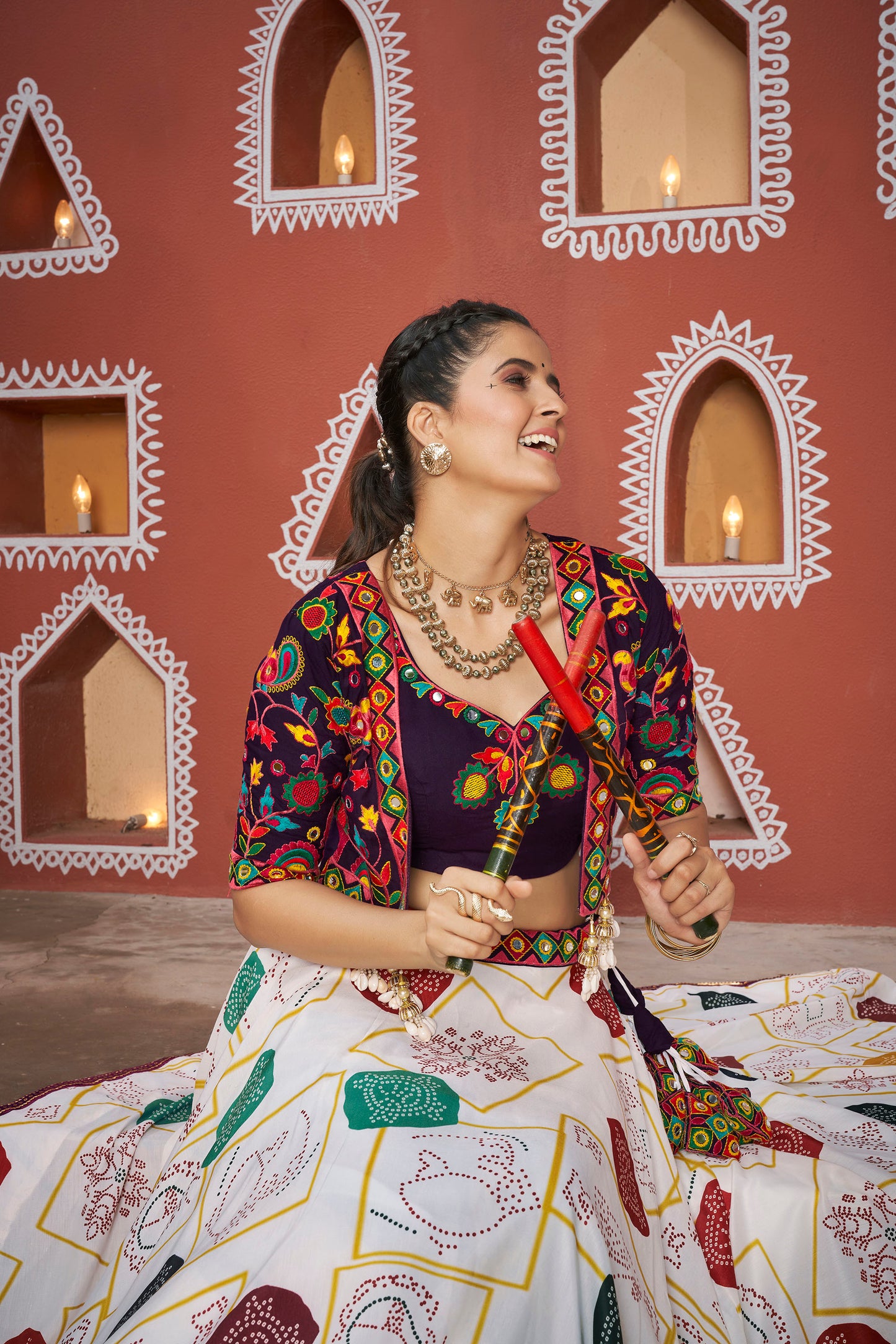 White Poly Maska Silk Resham & Mirror Work Navratri Lehenga