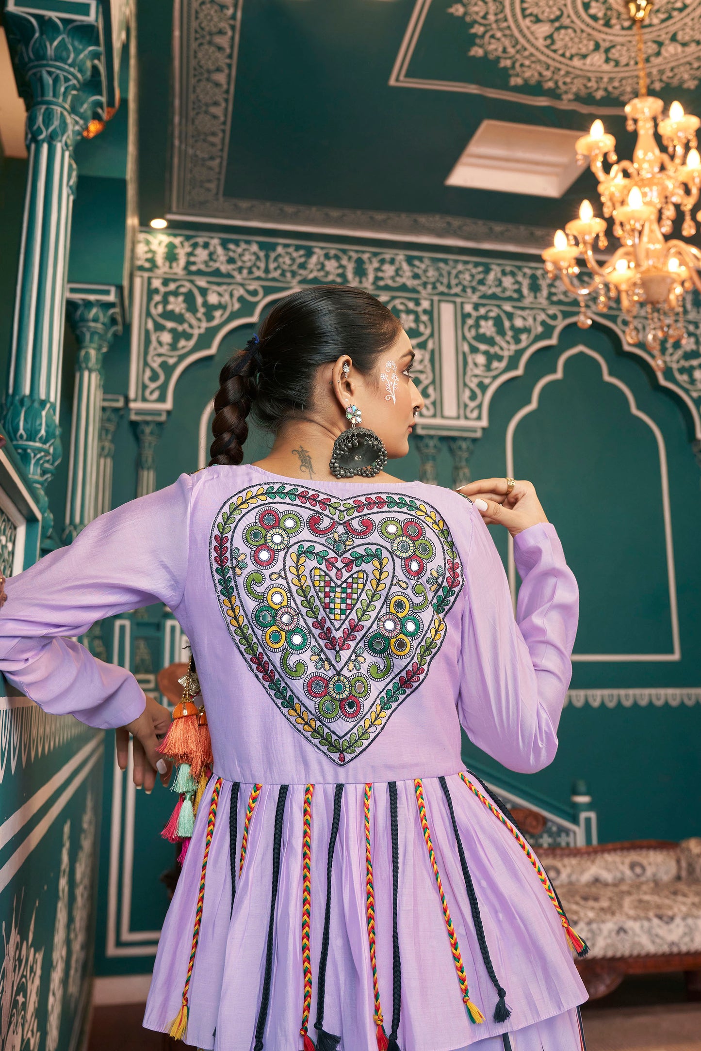 Lavender Poly Maska Silk Mirror Embroidery Navratri  Chaniya Choli