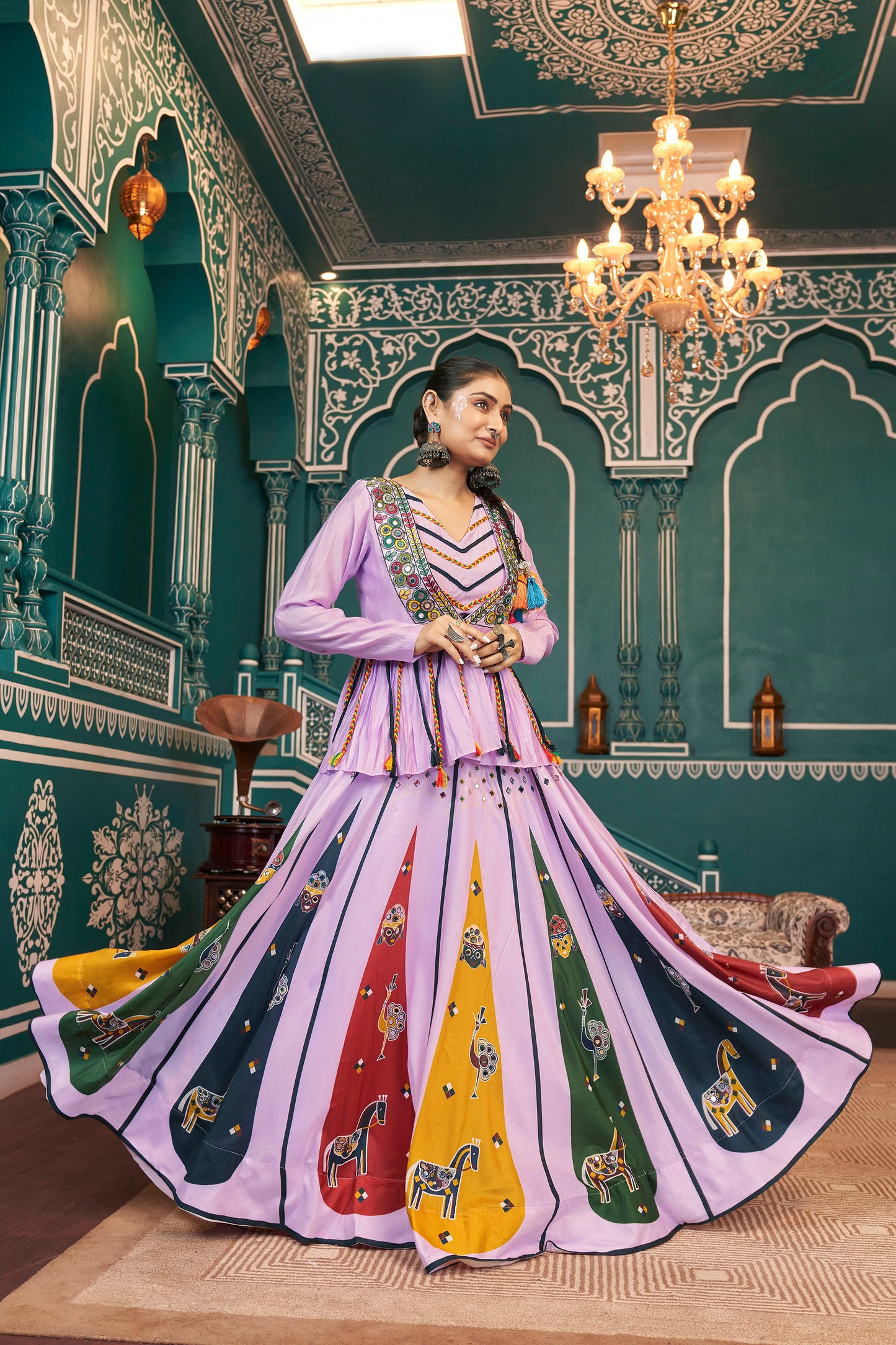 Lavender Poly Maska Silk Mirror Embroidery Navratri  Chaniya Choli