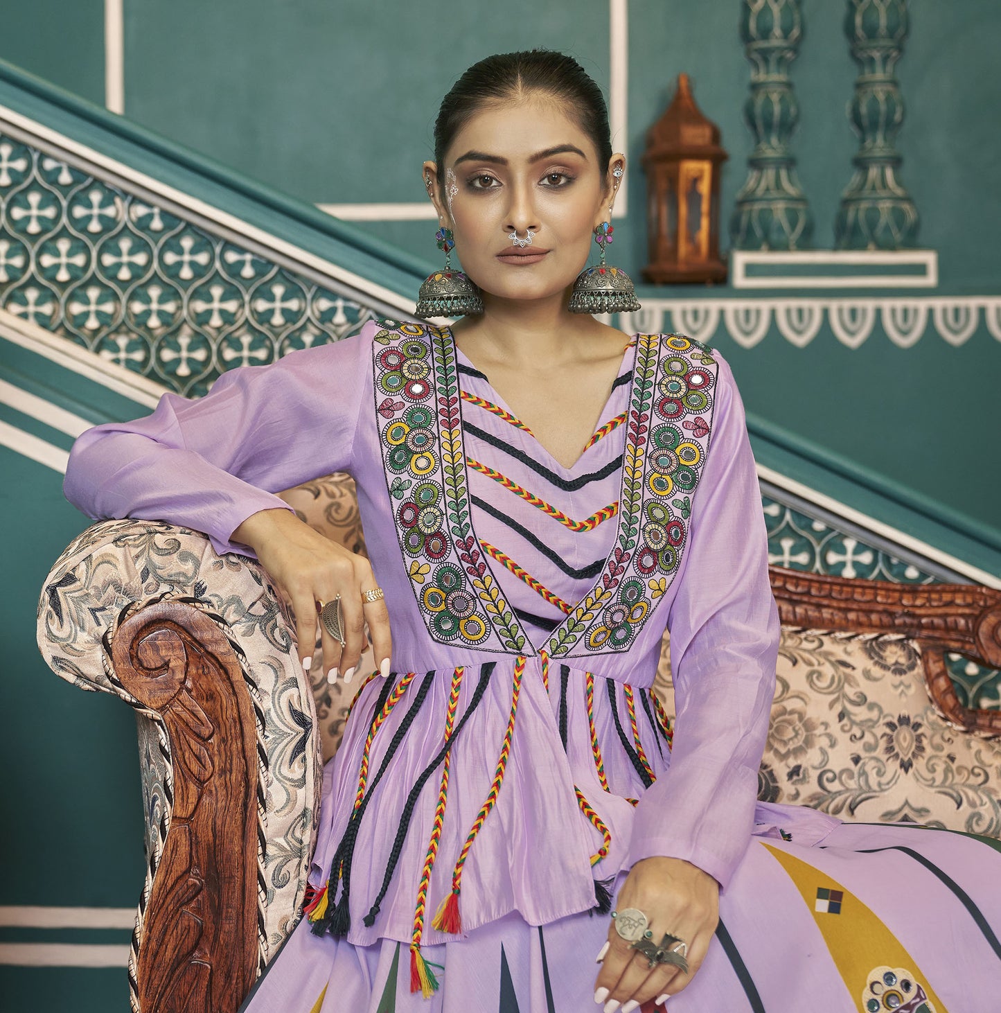 Lavender Poly Maska Silk Mirror Embroidery Navratri  Chaniya Choli