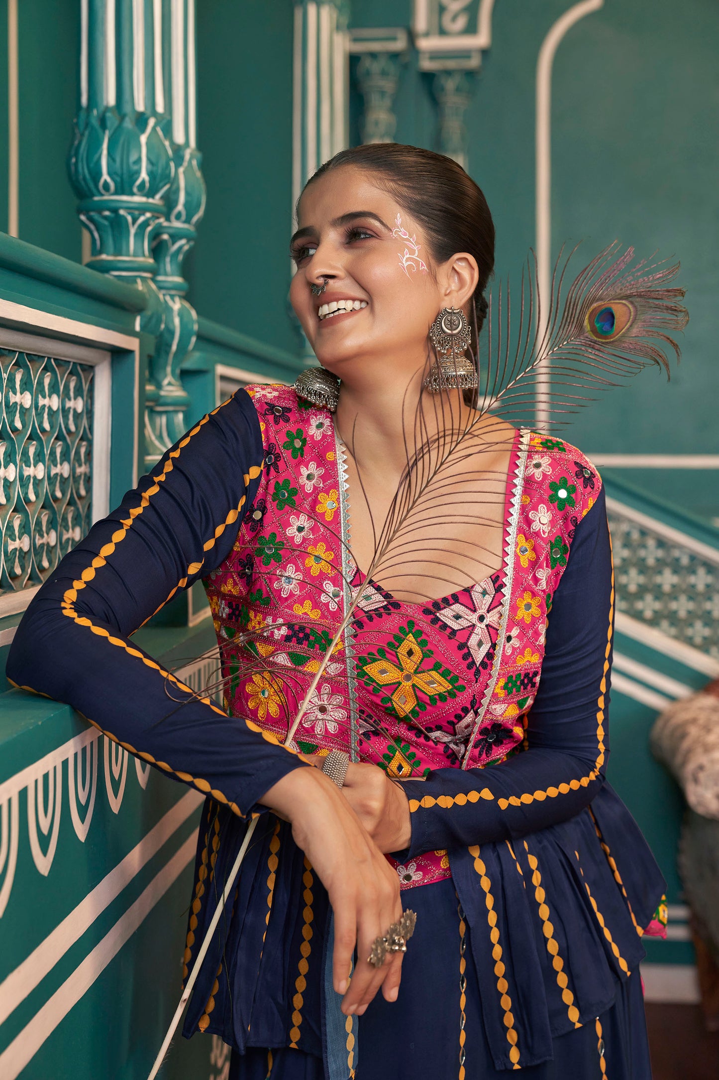 Multi Color Poly Maska Silk Mirror Work Navratri  Chaniya Choli