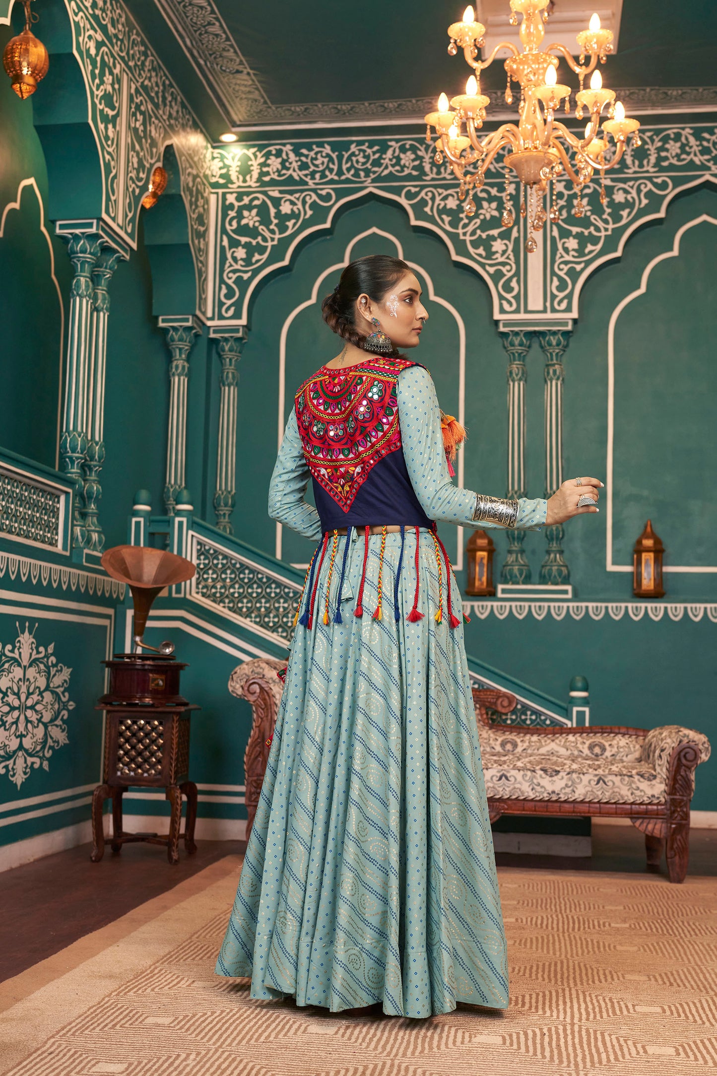 Pista Green Viscose Rayon Mirror Embroidery Navratri  Chaniya Choli