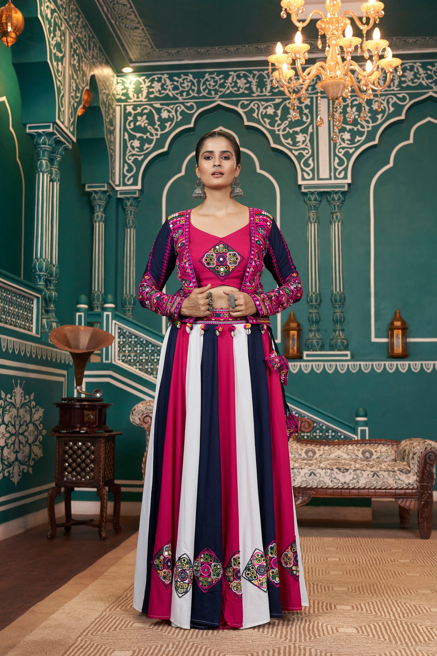 Multi Color Viscose Rayon Thread & Mirror Embroidery Navratri  Chaniya Choli