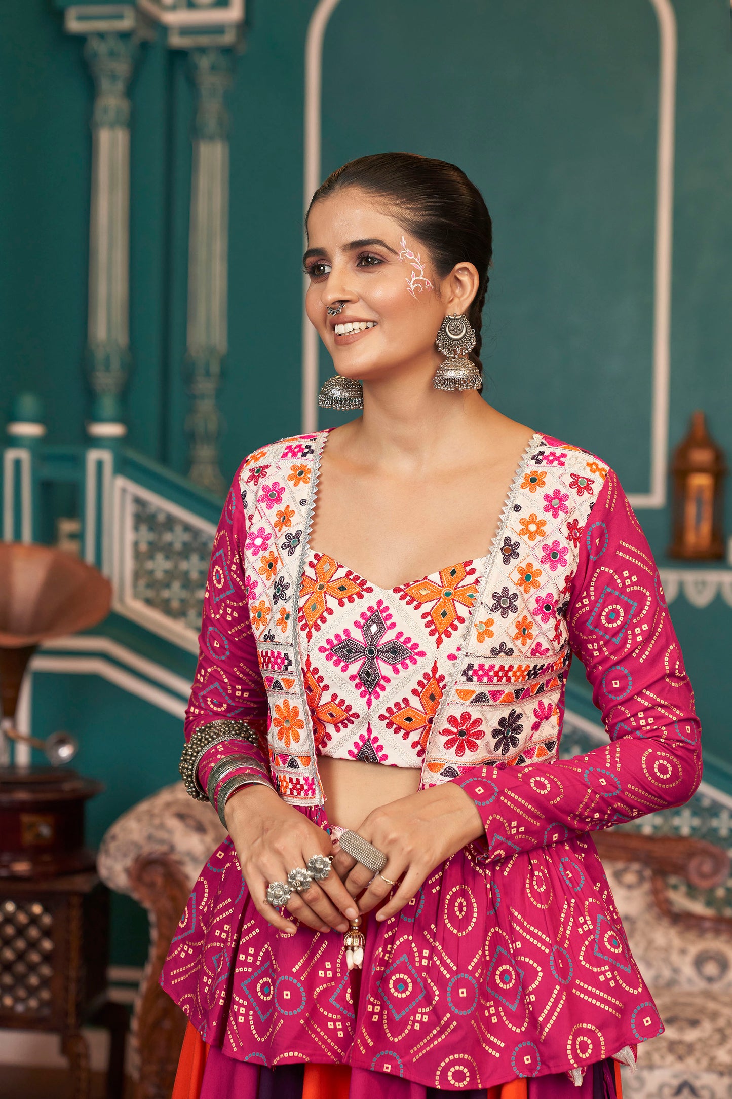 Orange and Pink Viscose Rayon Mirror Work Navratri  Chaniya Choli