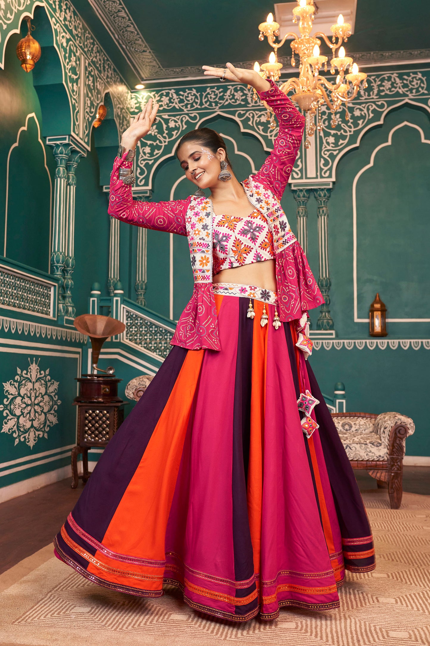 Orange and Pink Viscose Rayon Mirror Work Navratri  Chaniya Choli