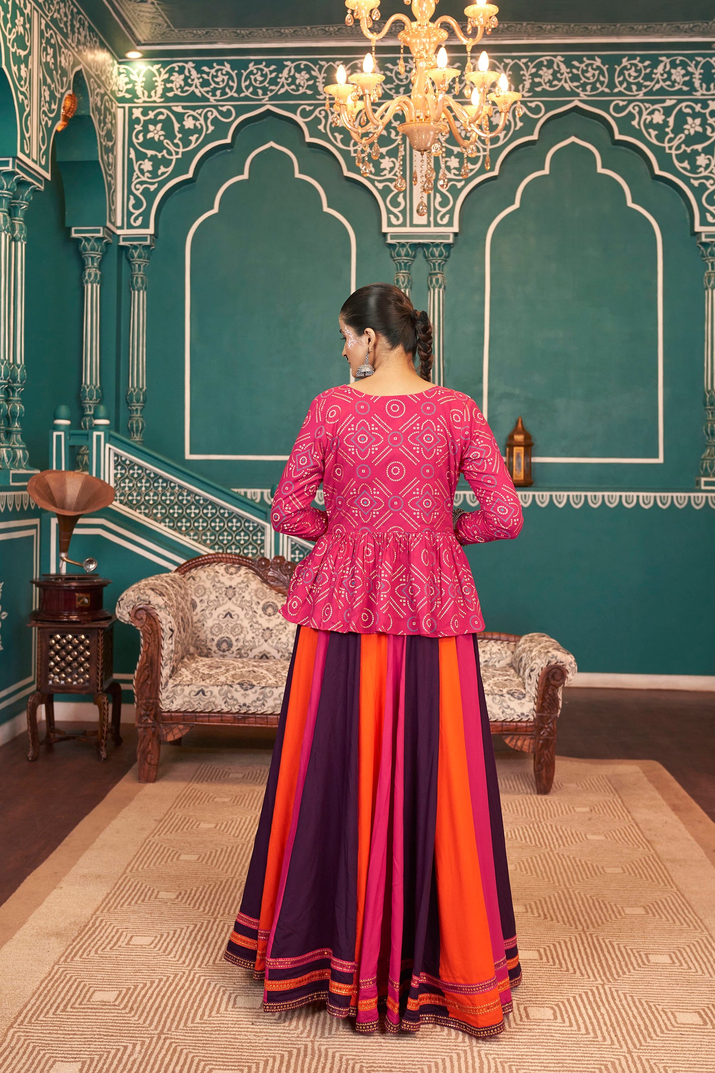 Orange and Pink Viscose Rayon Mirror Work Navratri  Chaniya Choli