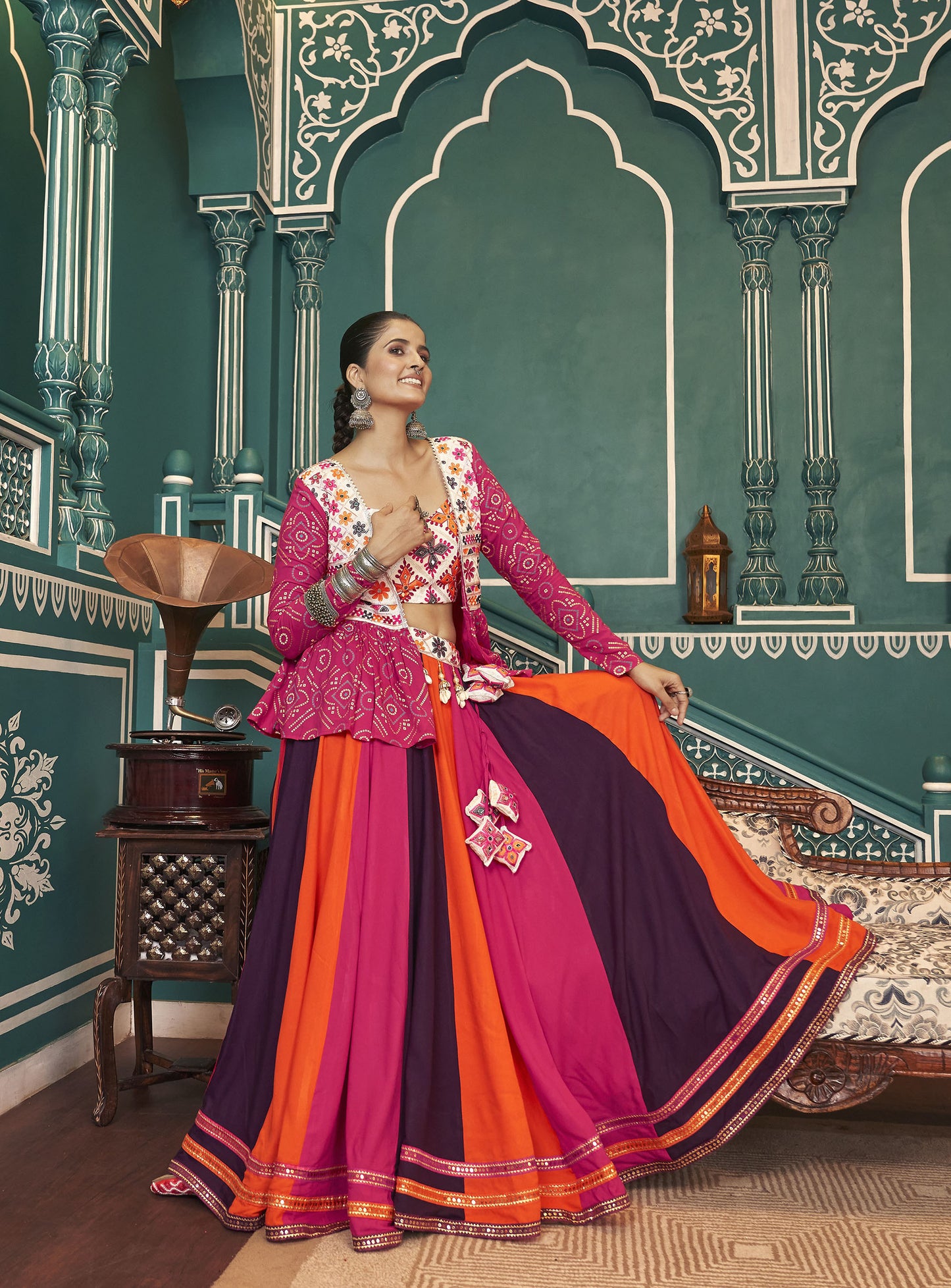 Orange and Pink Viscose Rayon Mirror Work Navratri  Chaniya Choli