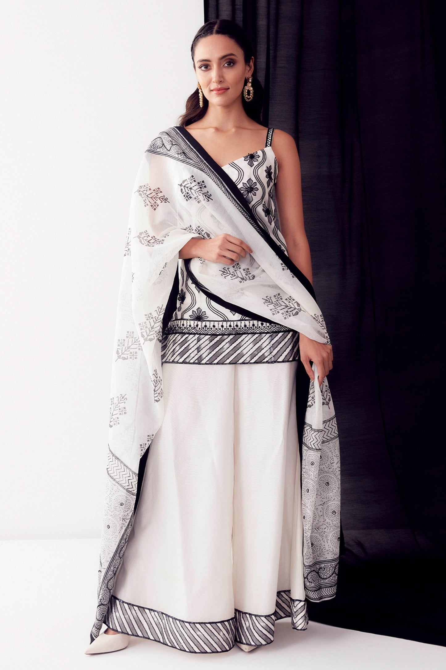 Black & White Applique Work Sharara Set - Aarambh