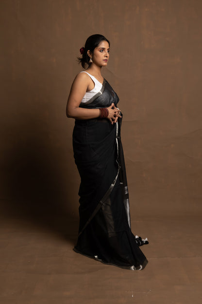 Black beauty I Black handloom cotton saree with silver zari border