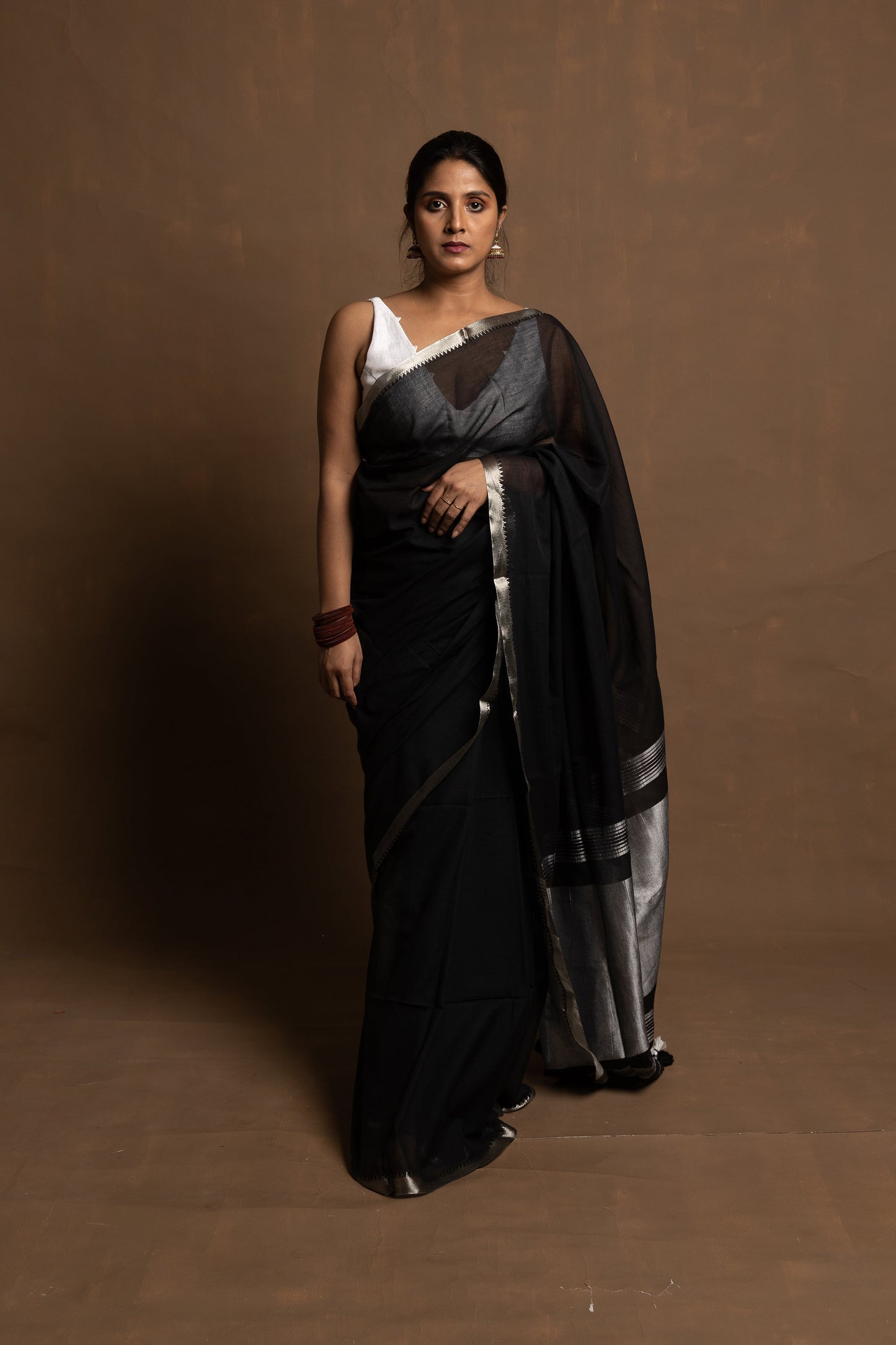 Black beauty I Black handloom cotton saree with silver zari border