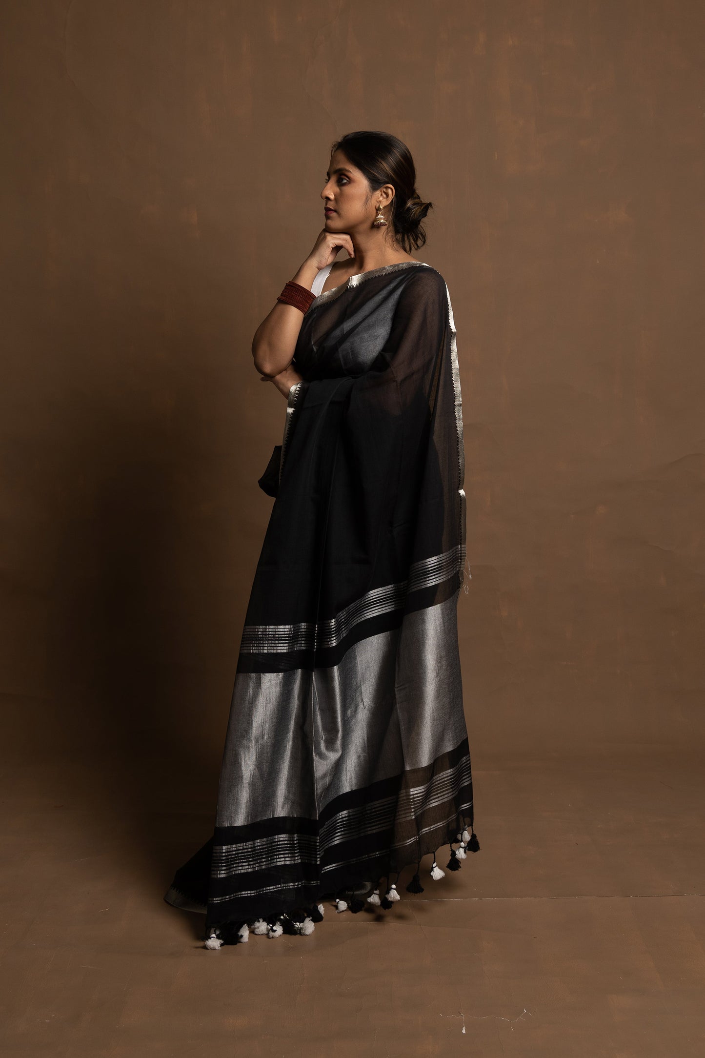 Black beauty I Black handloom cotton saree with silver zari border