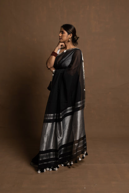 Black beauty I Black handloom cotton saree with silver zari border